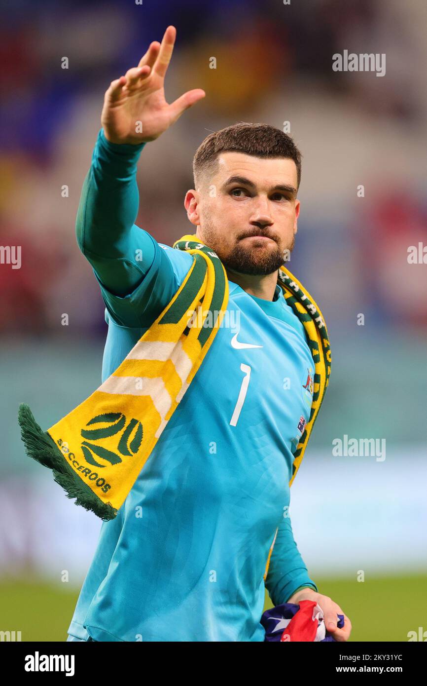 Mathew Ryan of Australia celebrates qualifying for the round of 16 during the FIFA World Cup Qatar 2022 Group D match between Australia and Denmark at Al Janoub Stadium, Al Wakrah, Qatar on 30 November 2022. Photo by Peter Dovgan.  Editorial use only, license required for commercial use. No use in betting, games or a single club/league/player publications. Stock Photo