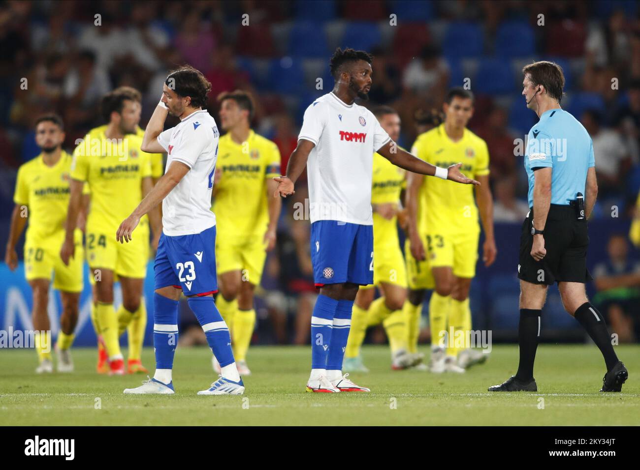 VALENCIA, SPAIN - AUGUST 18: Chidozie Awaziem of HNK Hajduk Split talks to the referee Aleksei Kulbakov during the UEFA Conference League play-offs first leg match between Villarreal CF and HNK Hajduk on August 18, 2022 in Valencia, Spain. Photo: Omar Arnau/PIXSELL Stock Photo