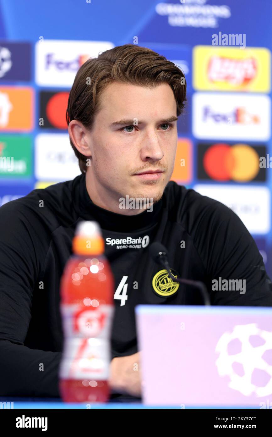 Marius Hoibraten of Bodo/Glimt speaks on a press conference at Maksimir