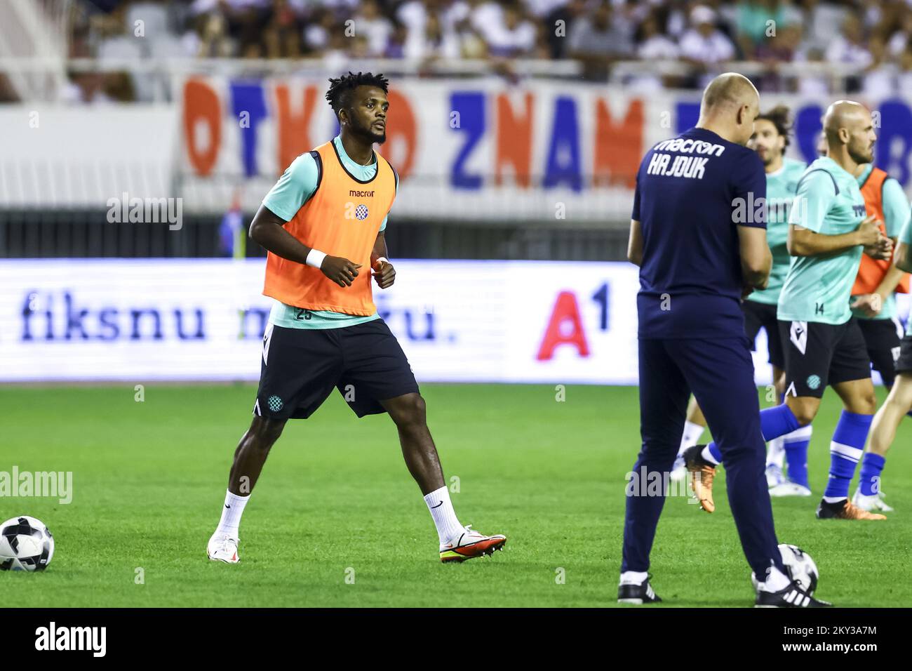 Chidozie Awaziem of Hajduk warm up prior UEFA Europa Conference League Play-Off Second Leg match between Hajduk Split and Villarreal CF at Poljud Stadium on August 25, 2022 in Split, Croatia. Photo: Miroslav Lelas/PIXSELL Stock Photo