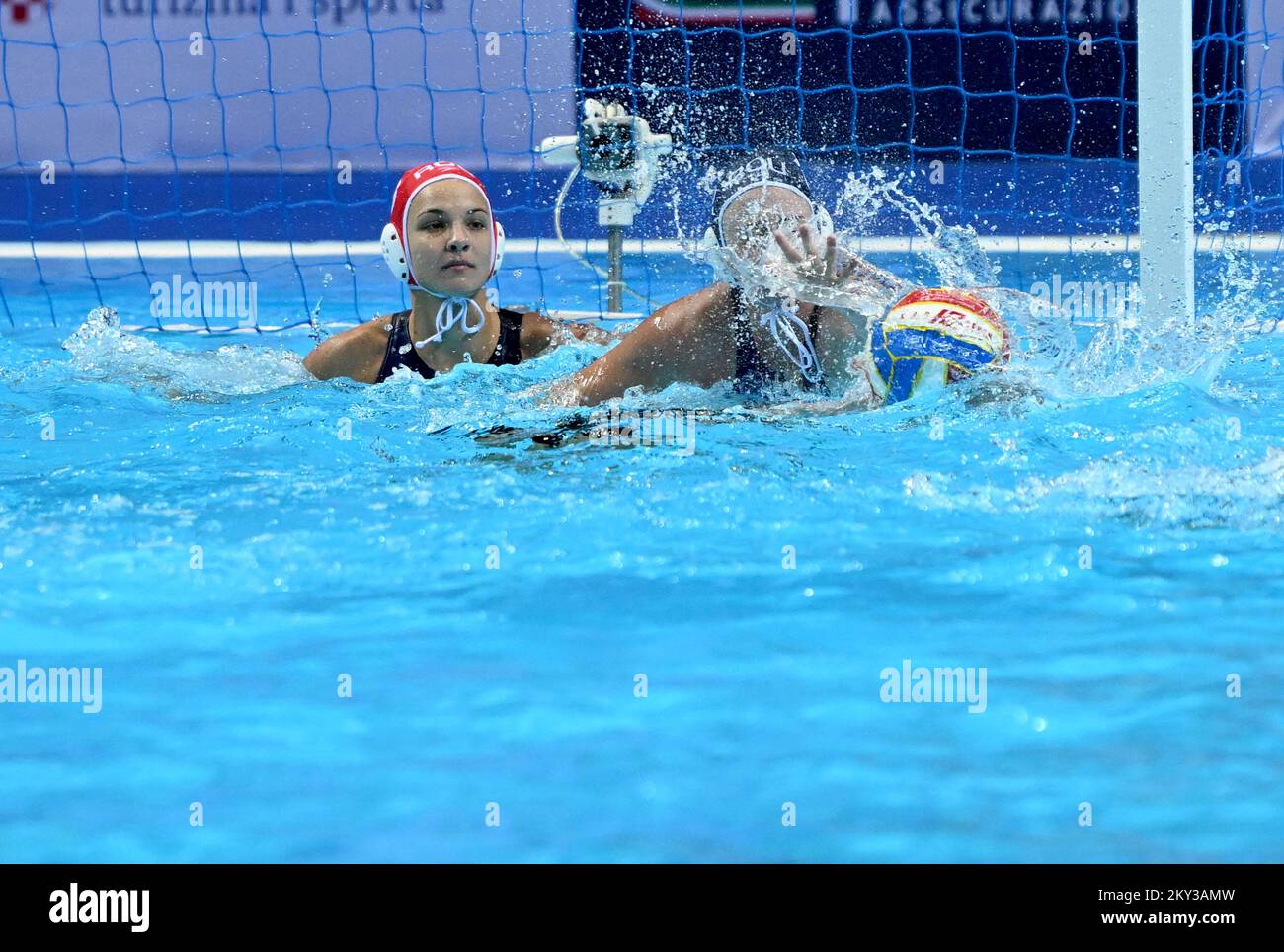 SPLIT, CROATIA - AUGUST 27: Goalkeeper Mariia Dvorzhetska and Anastasiia Melnychuk of Romania during the 35 Len European Championship Split 2022 Woman's Water Polo match between Germany and Romania at Spaladium Arena on August 27, 2022 in Split, Croatia. Photo: Marko Lukunic/PIXSELL Stock Photo