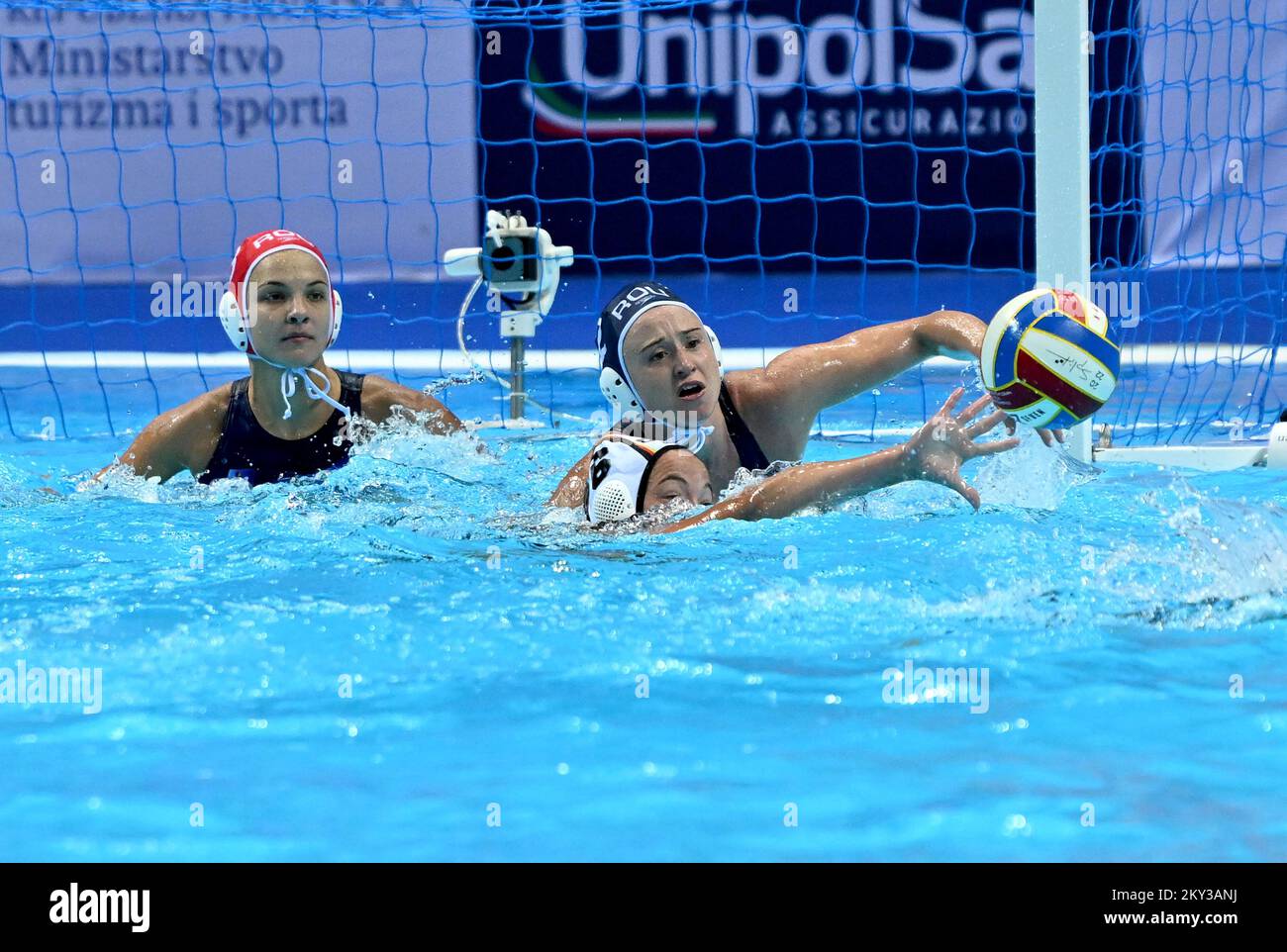 SPLIT, CROATIA - AUGUST 27: Gesa Deike of Germany and Anastasiia Melnychuk of Romania during the 35 Len European Championship Split 2022 Woman's Water Polo match between Germany and Romania at Spaladium Arena on August 27, 2022 in Split, Croatia. Photo: Marko Lukunic/PIXSELL Stock Photo