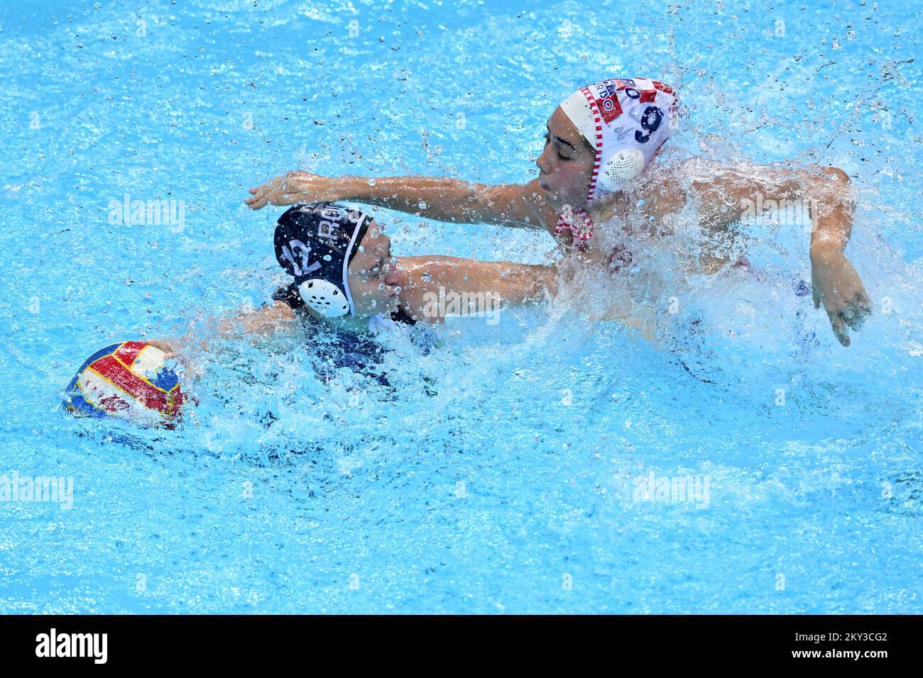 SPLIT, CROATIA - AUGUST 30: Anastasiia Melnychuk of Romania and Iva Rozic of Croatia in action during the LEN European Championship Split 2022 Womans's Water Polo match between Croatia and Romania at Spaladium Arena on August 30, 2022 in Split, Croatia. Photo: Marko Lukunic/PIXSELL Stock Photo