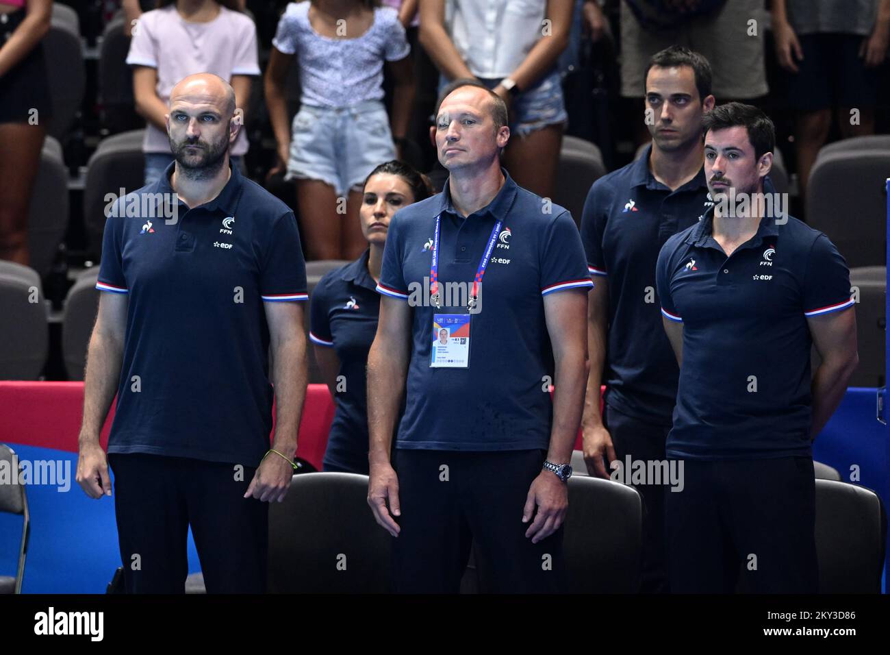 SPLIT, CROATIA - AUGUST 31: Head Coach of France Florian Bruzzo and his  assistant Vjekoslav Kobescak during the LEN European Water Polo  Championships Group D round 2match between Croatia and France at