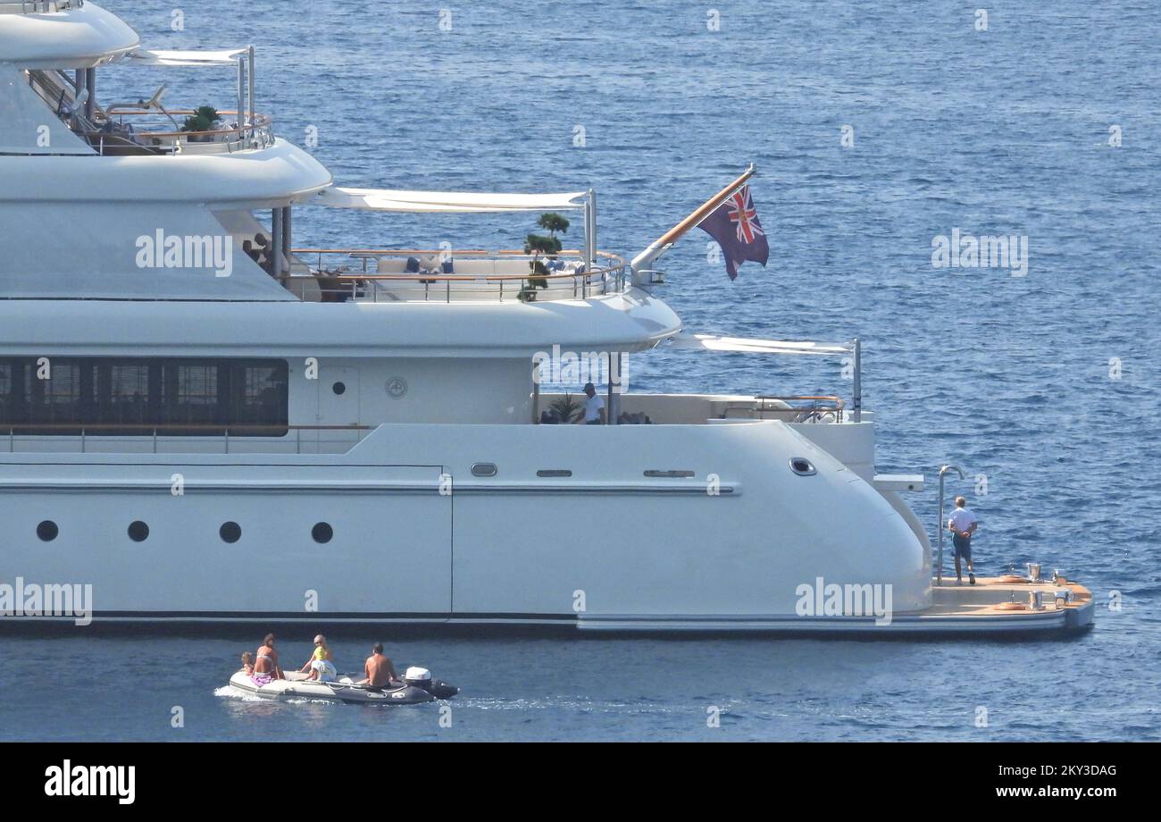 The luxury yacht Grace, 81 meters long, is seen anchored near Vela Luka, Croatia on August, 26, 2022. The value of the yacht is estimated at 129,000,000 Euros. The yacht offers accommodation for 12 guests and 23 crew members. The first owner of the yacht was Russian billionaire Alexander Mamut, but in 2018 it was sold to John Reek, a Briton who was on the list of the 500 richest people in the world. Photo: Sanjin Strukic/PIXSELL Stock Photo