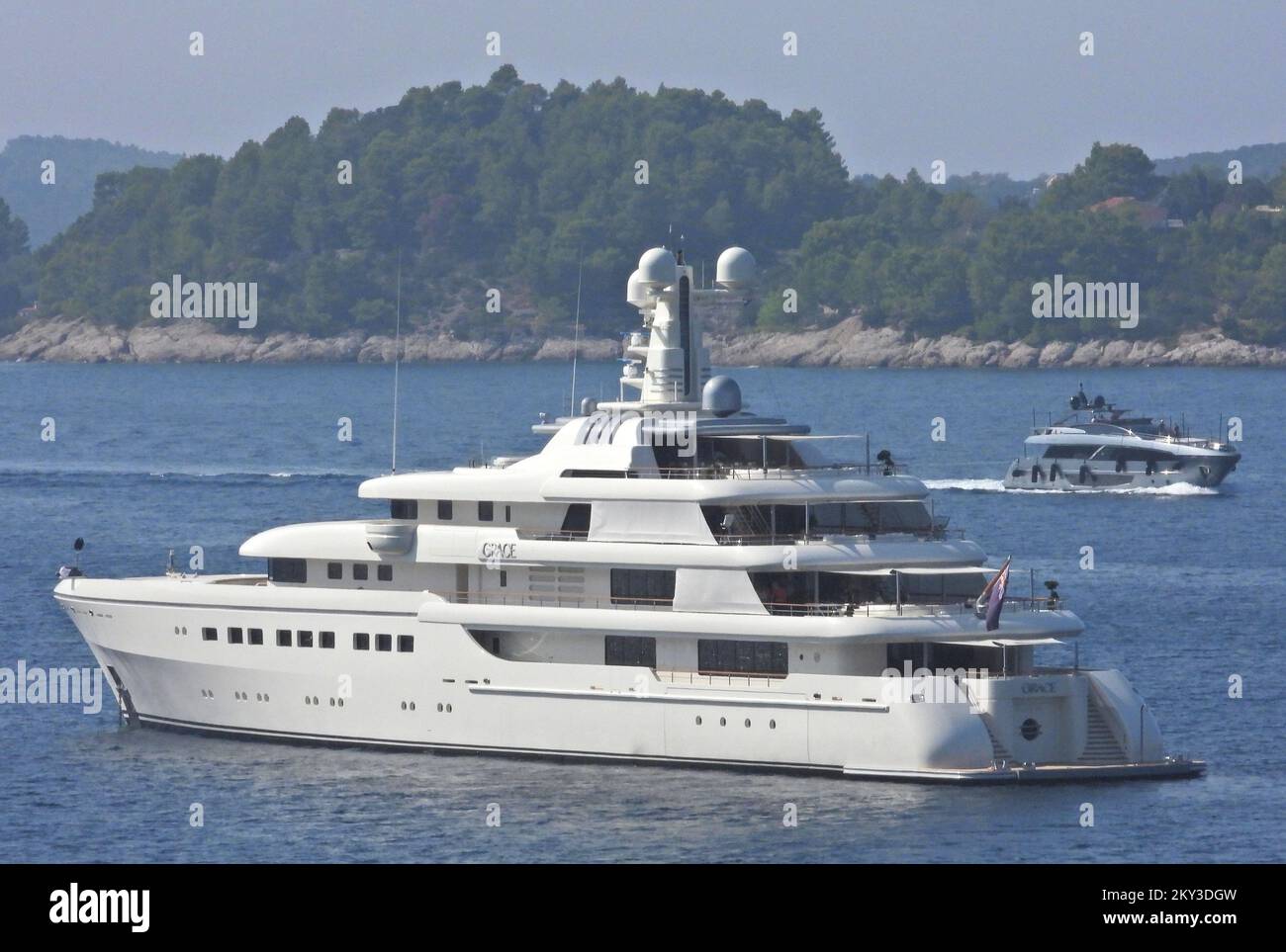 The luxury yacht Grace, 81 meters long, is seen anchored near Vela Luka, Croatia on August, 26, 2022. The value of the yacht is estimated at 129,000,000 Euros. The yacht offers accommodation for 12 guests and 23 crew members. The first owner of the yacht was Russian billionaire Alexander Mamut, but in 2018 it was sold to John Reek, a Briton who was on the list of the 500 richest people in the world. Photo: Sanjin Strukic/PIXSELL Stock Photo