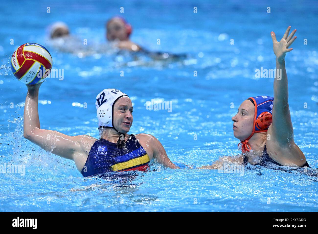SPLIT, CROATIA - SEPTEMBER 01: Anastasiia Melnychuk of Romania in action against Rozanne Voorveld of Netherlands during the LEN European Water Polo Championships match between Romania and Netherlands at the Spaladium Arena on September 01, 2022 in Split, Croatia Photo: Marko Lukunic/PIXSELL Stock Photo