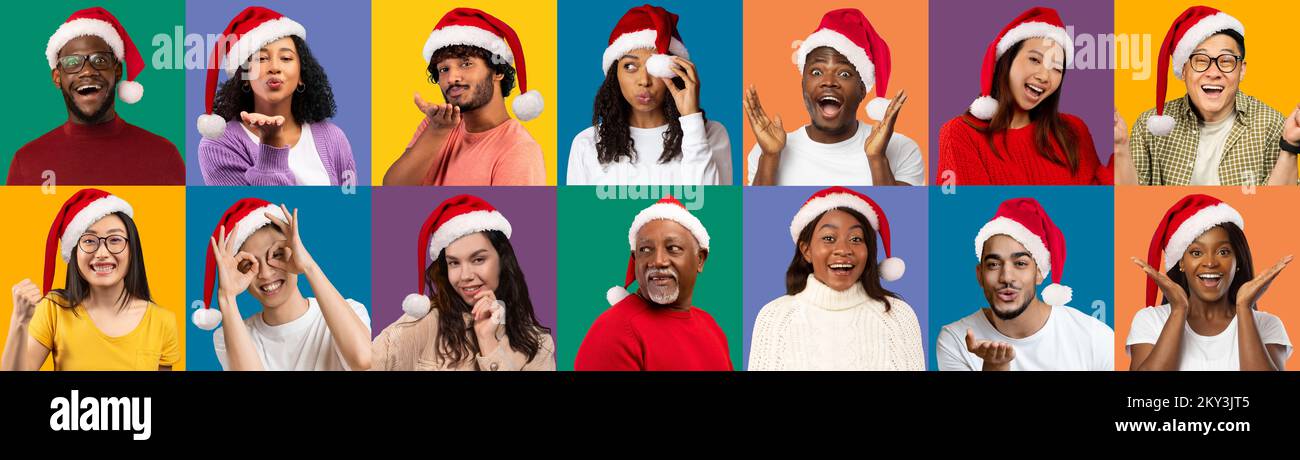 Collage of positive smiling multicultural men and women in santa hats Stock Photo