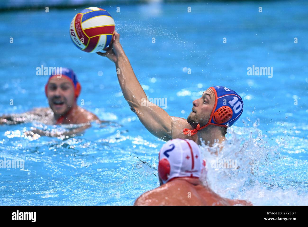 SPLIT, CROATIA - SEPTEMBER 4: Pascal Janssen of Netherlands in action during the 2022 European Water Polo Championship match Georgia and Netherlands at the Spaladium Arena on September 4, 2022 in Split, Croatia. Photo: Marko Lukunic/PIXSELL Stock Photo