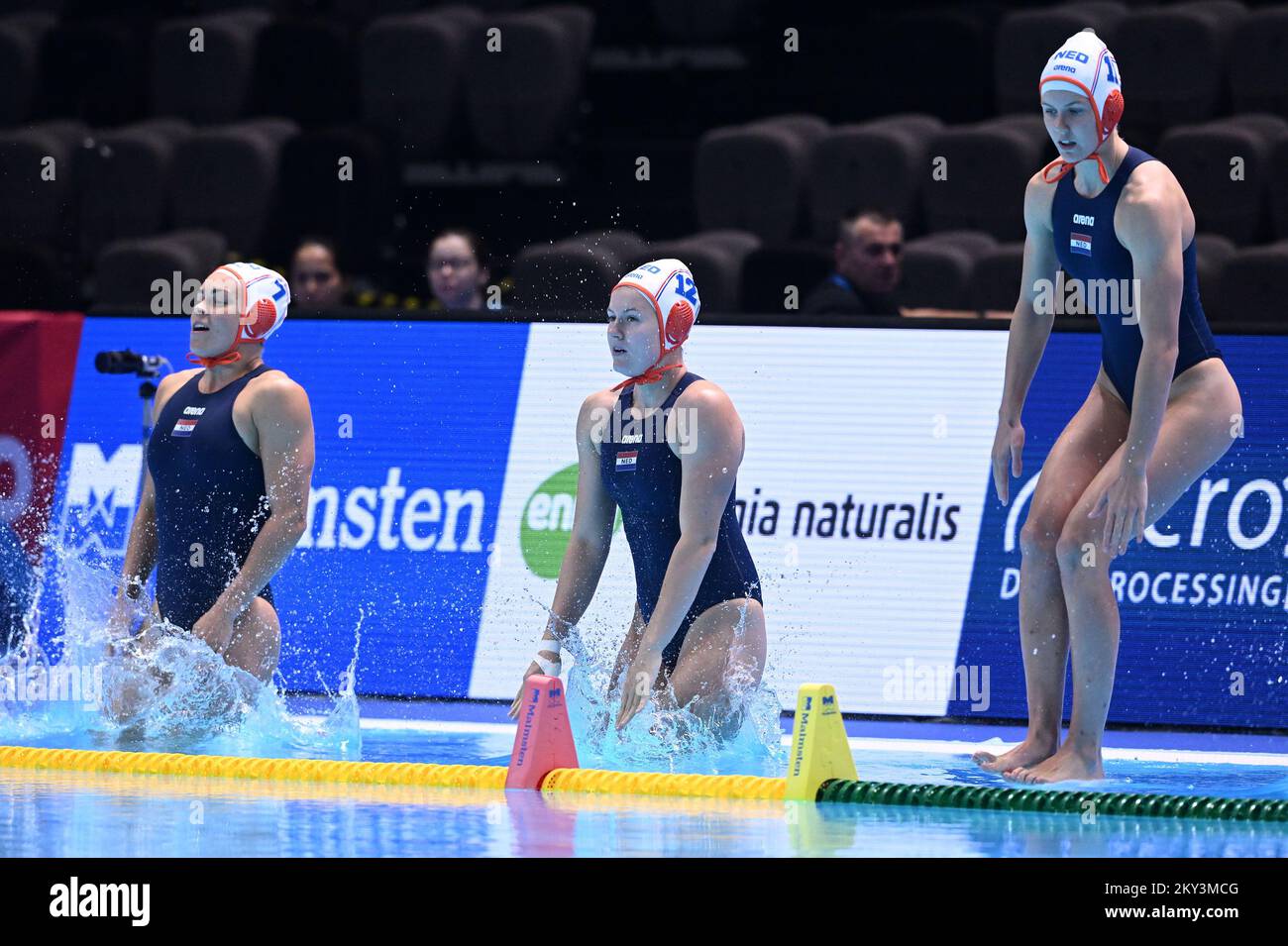 SPLIT, CROATIA - SEPTEMBER 05: Bente Rogge of Netherlands, Nina Ten Broek  of Netherlands and Fleurien Bosveld of Netherlands during the LEN European  Water Polo Championships Quarter-finals match between Netherlands and France