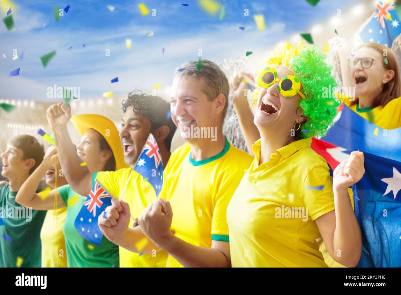 Australia fans on stadium. Australian supporters. Crowd cheering for