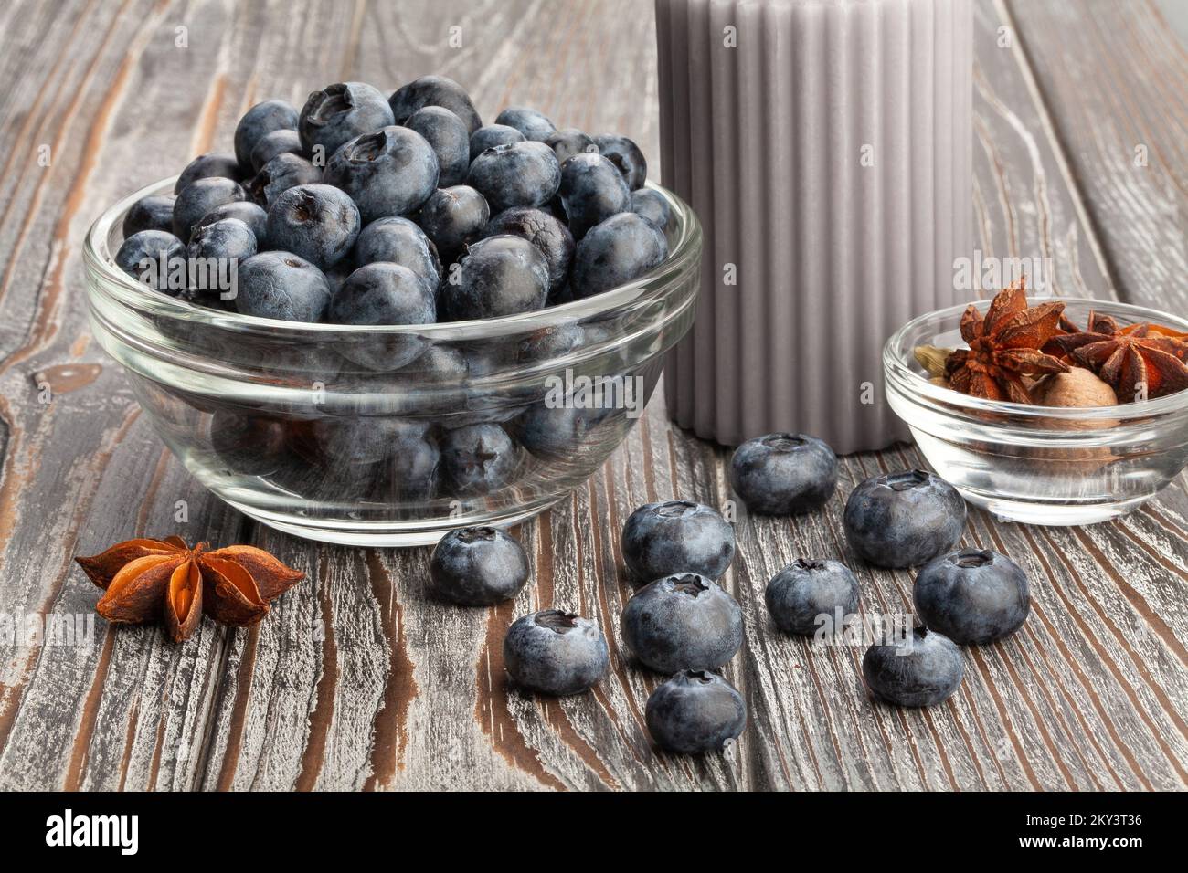 blueberry bowl on wood background Stock Photo