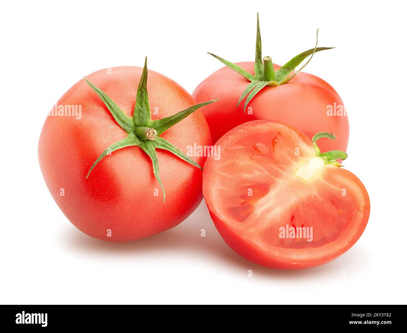 sliced pink tomato path isolated on white Stock Photo
