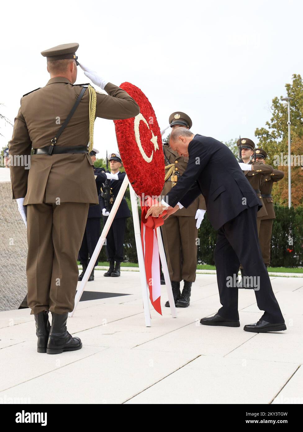 The President of the Republic of Turkey, Recep Tayyip Erdogan places wreath in front of the Homeland Monument on Stjepana Radica Square, in Zagreb, Croatia on 08. September 2022. Stock Photo