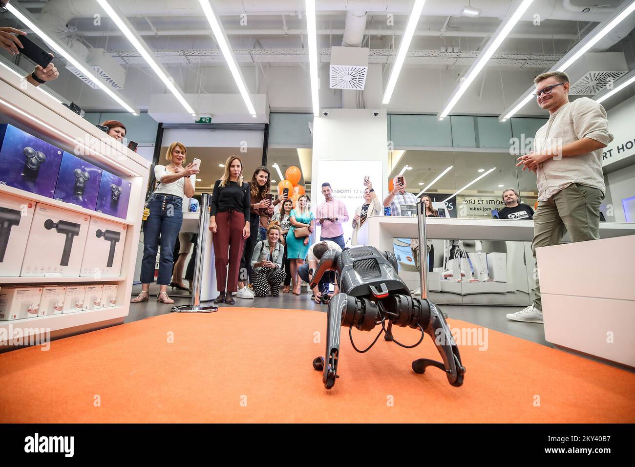 Xiaomi presented the CyberDog robot and a line of products for pets in shopping center Arena Zagreb in Zagreb, Croatia on September 12, 2022. Visitors paid the most attention to Cyberdog, a robot dog that can be customized. The robot dog is equipped with artificial intelligence cameras and computer vision support. In autonomous mode, the robot tracks objects and builds a map of the movement. Photo: Slavko Midzor/PIXSELL Stock Photo