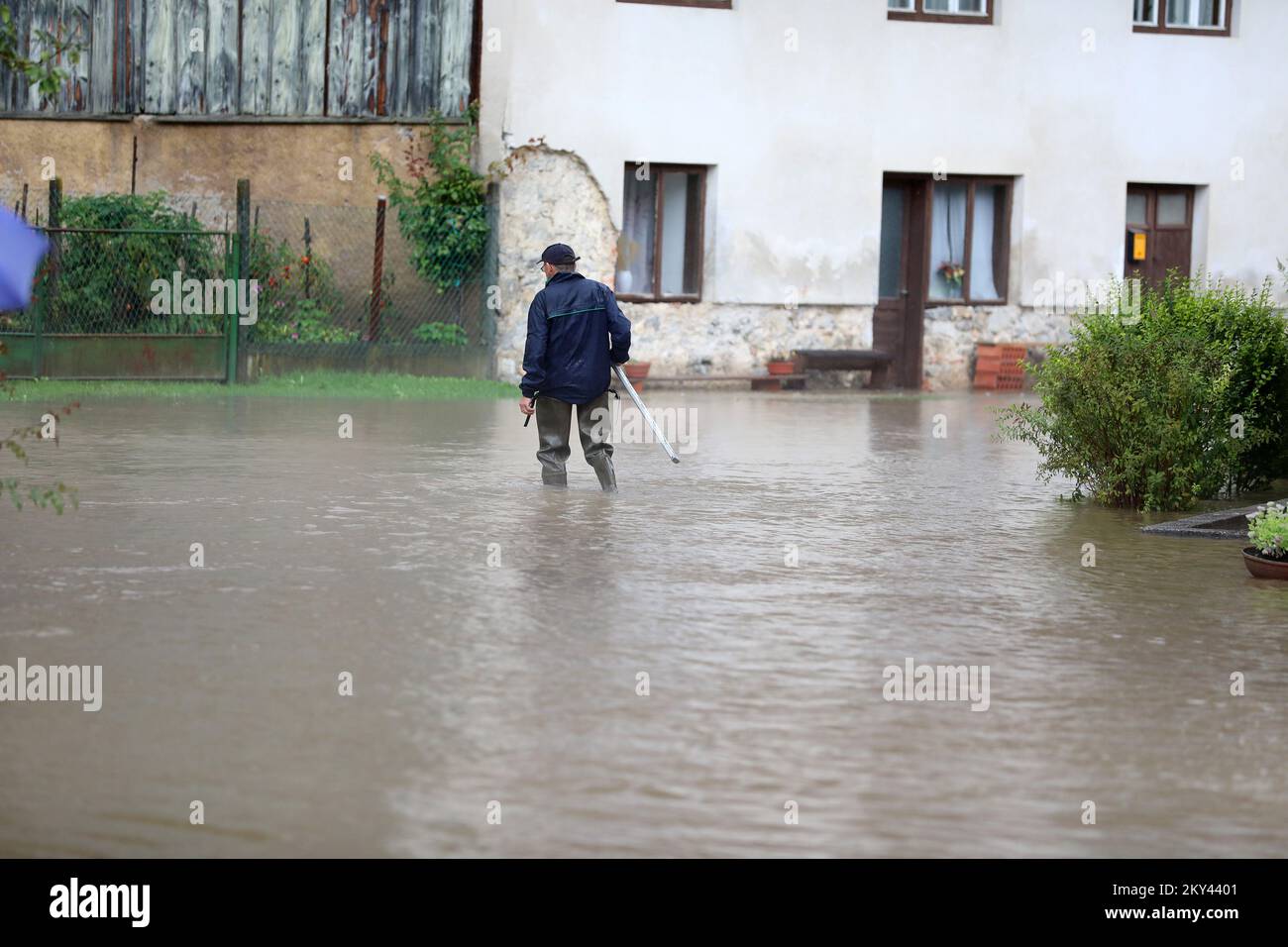 Heavy rains and rising water level of Kupa River , caused flooded roads and houses in Brod na Kupi , in Primorsko-Goranska County, Croatia, on September 16, 2022 Photo: Goran Kovacic/PIXSELL  Stock Photo