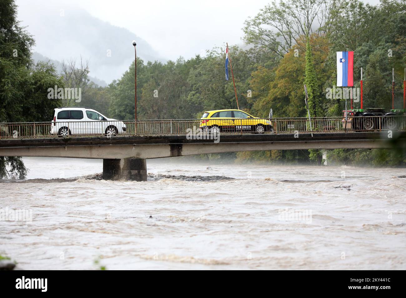 Heavy rains and rising water level of Kupa River , caused flooded roads and houses in Brod na Kupi , in Primorsko-Goranska County, Croatia, on September 16, 2022 Photo: Goran Kovacic/PIXSELL  Stock Photo