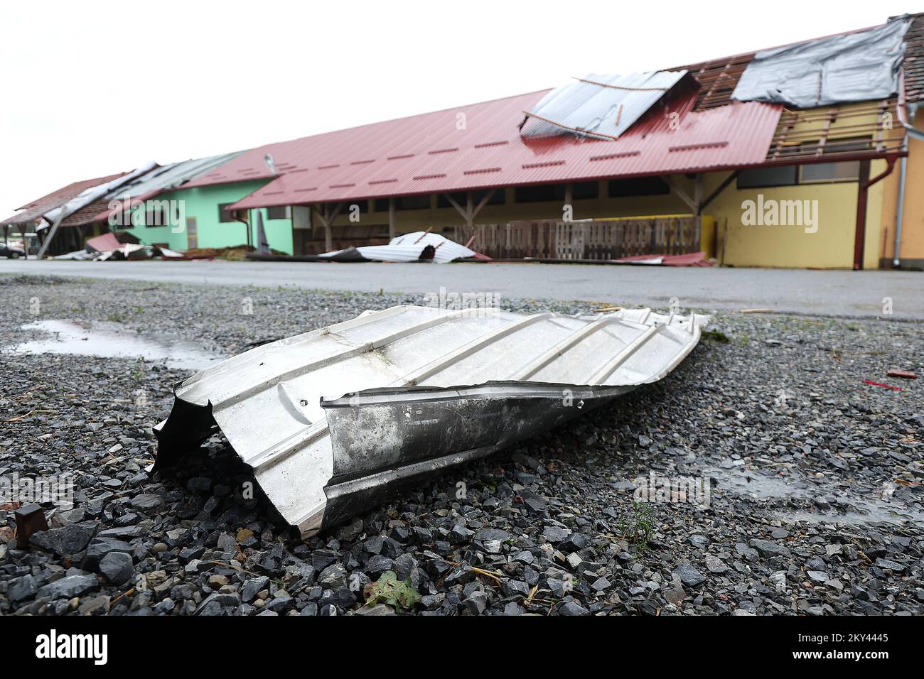 Destroyed roof of the Husar Equestrian Club, in Cazma, Croatia, on September 16, 2022.A powerful thunderstorm brought torrential rain and extreme wind gusts to the Cazma area on yesterday afternoon.The storm ripped through roofs, uprooted trees, and tipped over vehicles Photo: Goran Stanzl/PIXSELL  Stock Photo