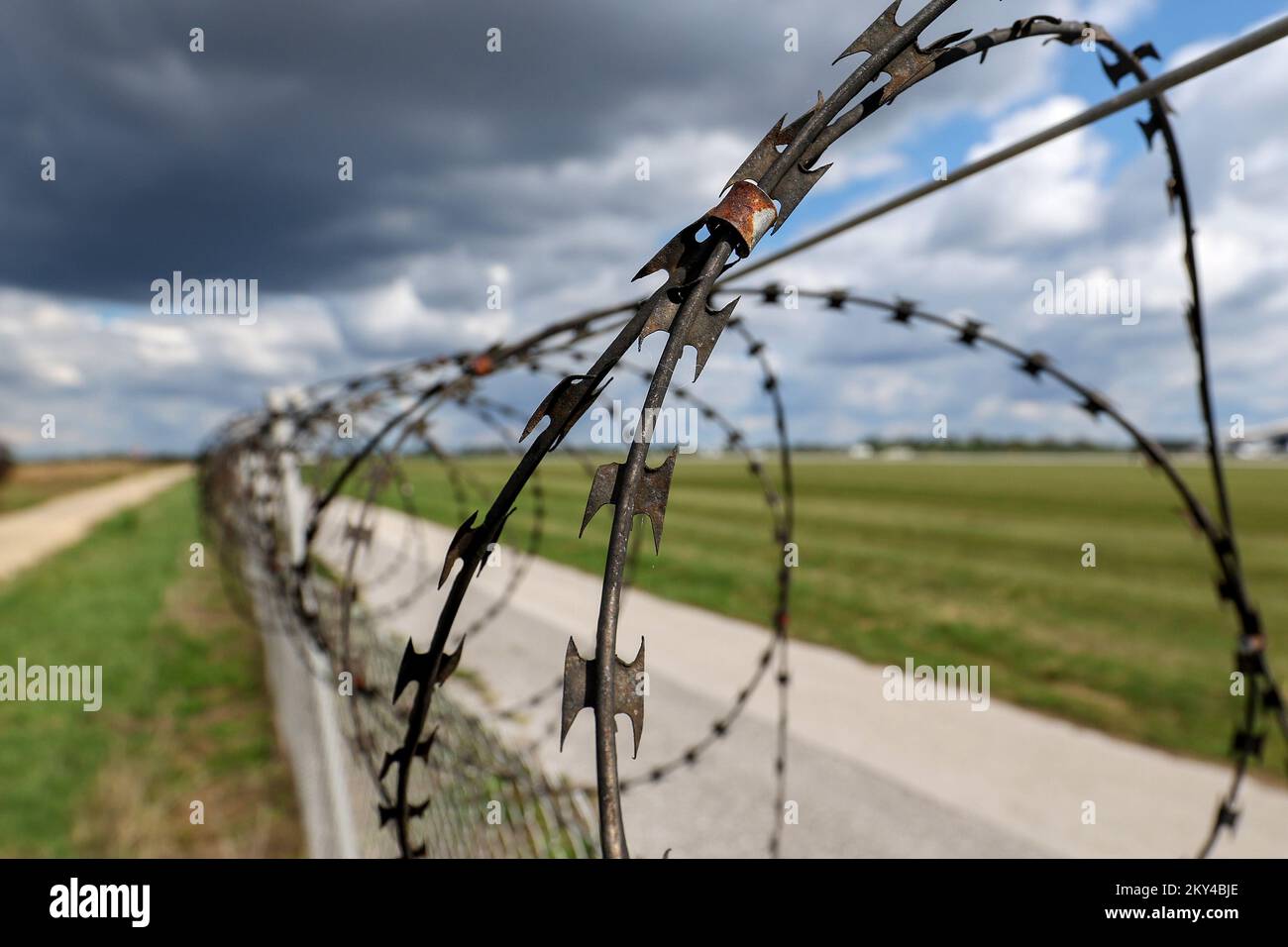 Concertina wire can be seen in the photo in Zagreb, Croatia on
