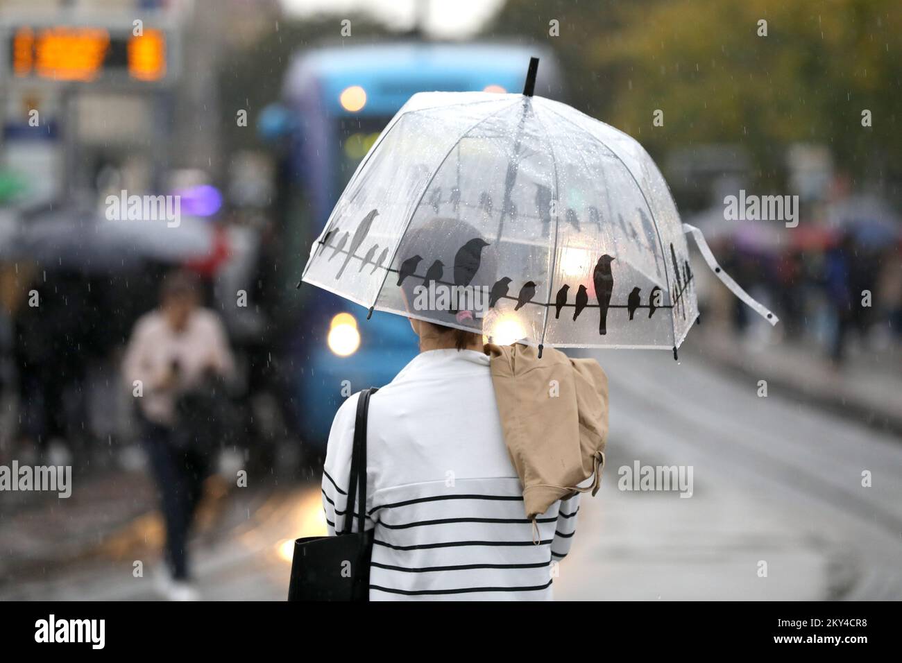 People are seen going to work on a rainy morning and running errands around town. The rain that has been falling in Zagreb since tonight, although not nearly as much as in Rijeka, is creating big crowds and problems, in Zagreb, Croatia, on September 29, 2022. Photo: Patrik Macek/PIXSELL Stock Photo