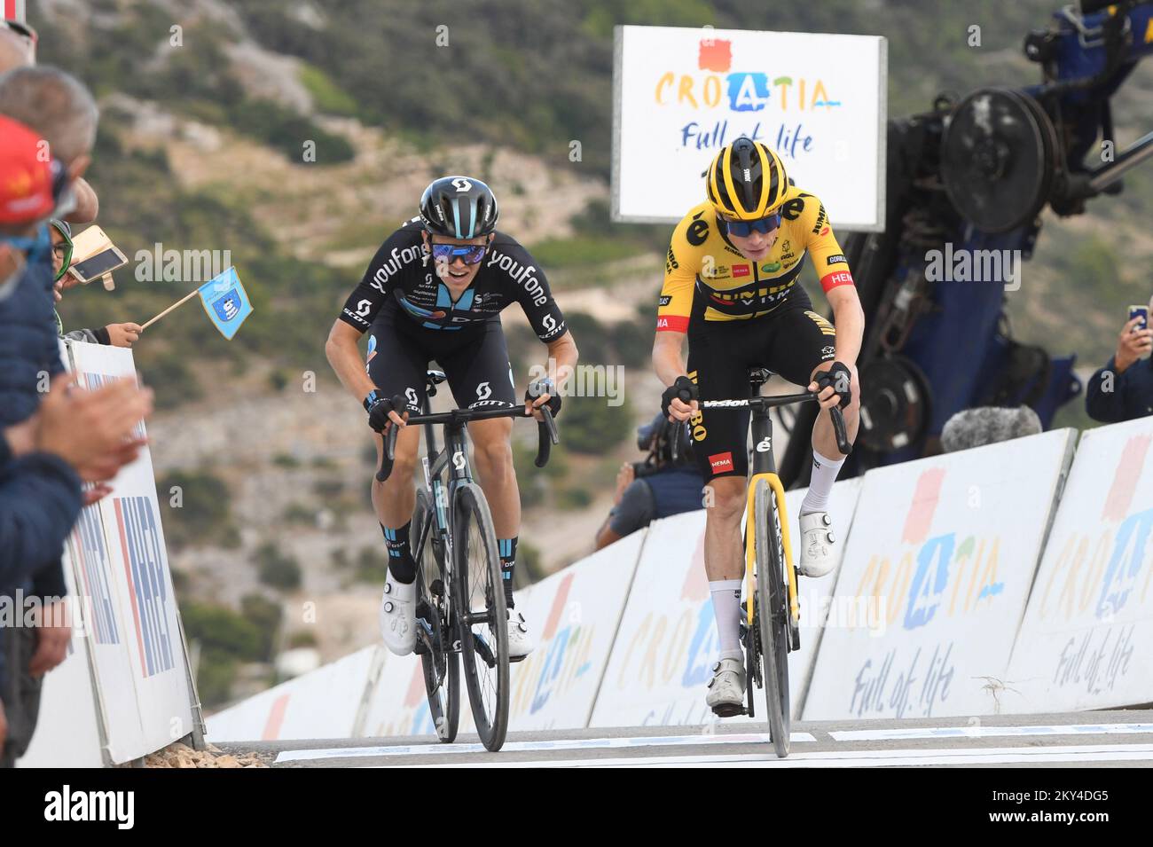 Jonas Vingegaard and Oscar Onley near the finish line during the third stage of the Cro Race bicycle race in Primosten, Croatia on September 29, 2022. The third stage of the cycling race Cro Race was driven from Sinj to Primosten in a length of 157 kilometers. Photo: Hrvoje Jelavic/PIXSELL Stock Photo