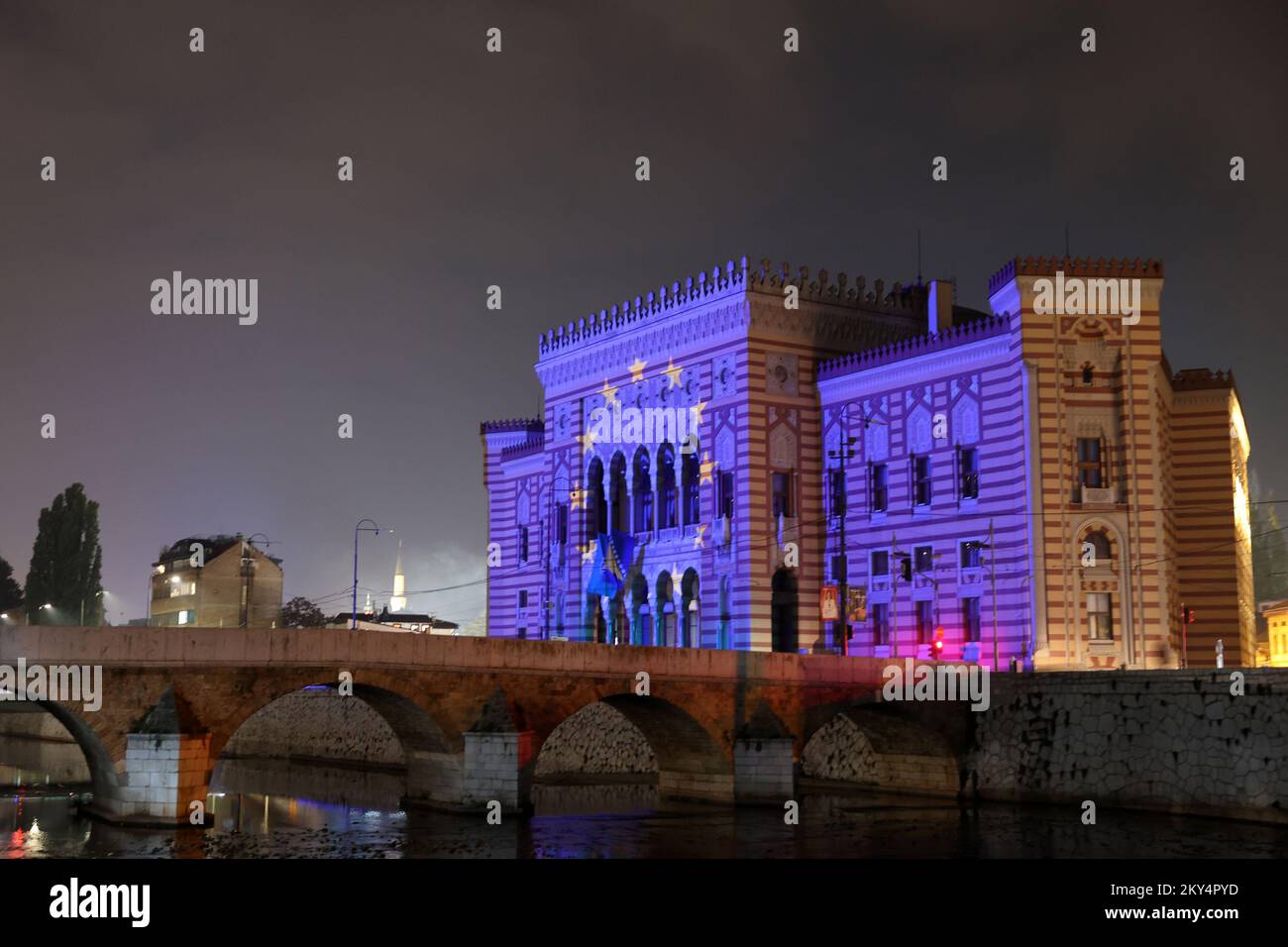 Sarajevo City Hall seen illuminated in the colors of the flag of the European Union, in Sarajevo, Bosnia and Herzegovina, on October 12, 2022.The European Commission on Wednesday recommended naming Bosnia and Herzegovina as an official EU candidate if several conditions are met â€” a key step in the long process of joining the bloc. Photo: Armin Durgut/PIXSELL Stock Photo