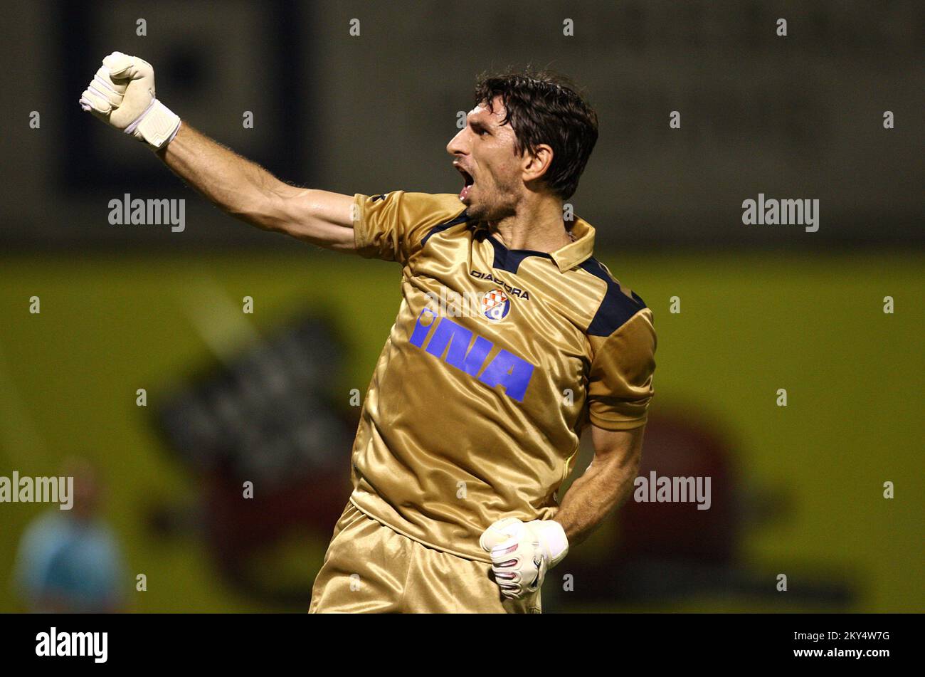Dinamo Zagreb goalkeeper Tomislav Butina celebrates victory at the end of the game Stock Photo