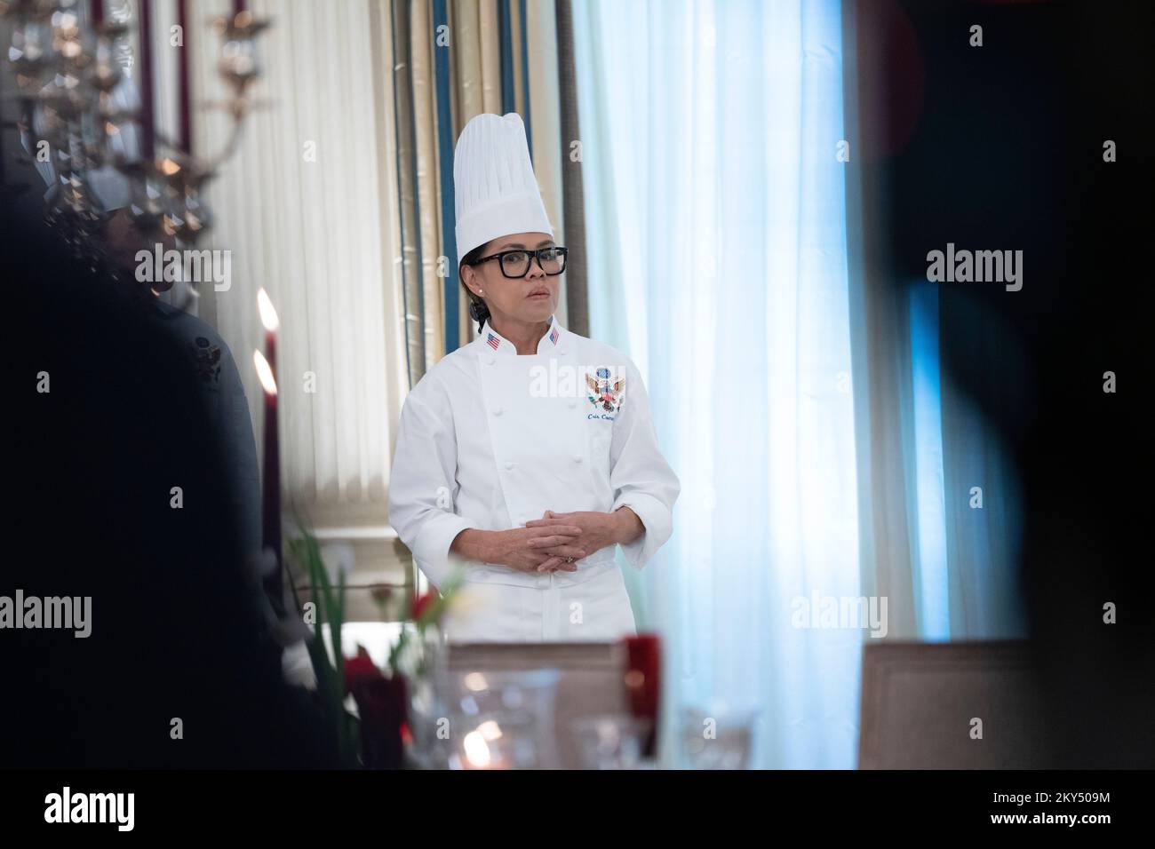 Washington, United States Of America. 30th Nov, 2022. White House Executive Chef Cris Comerford participates in a media preview in advance of Thursday evening's State Dinner in honor of French President Macron at the White House in Washington, DC on Wednesday, November 30, 2022. Credit: Chris Kleponis/CNP/Sipa USA Credit: Sipa USA/Alamy Live News Stock Photo