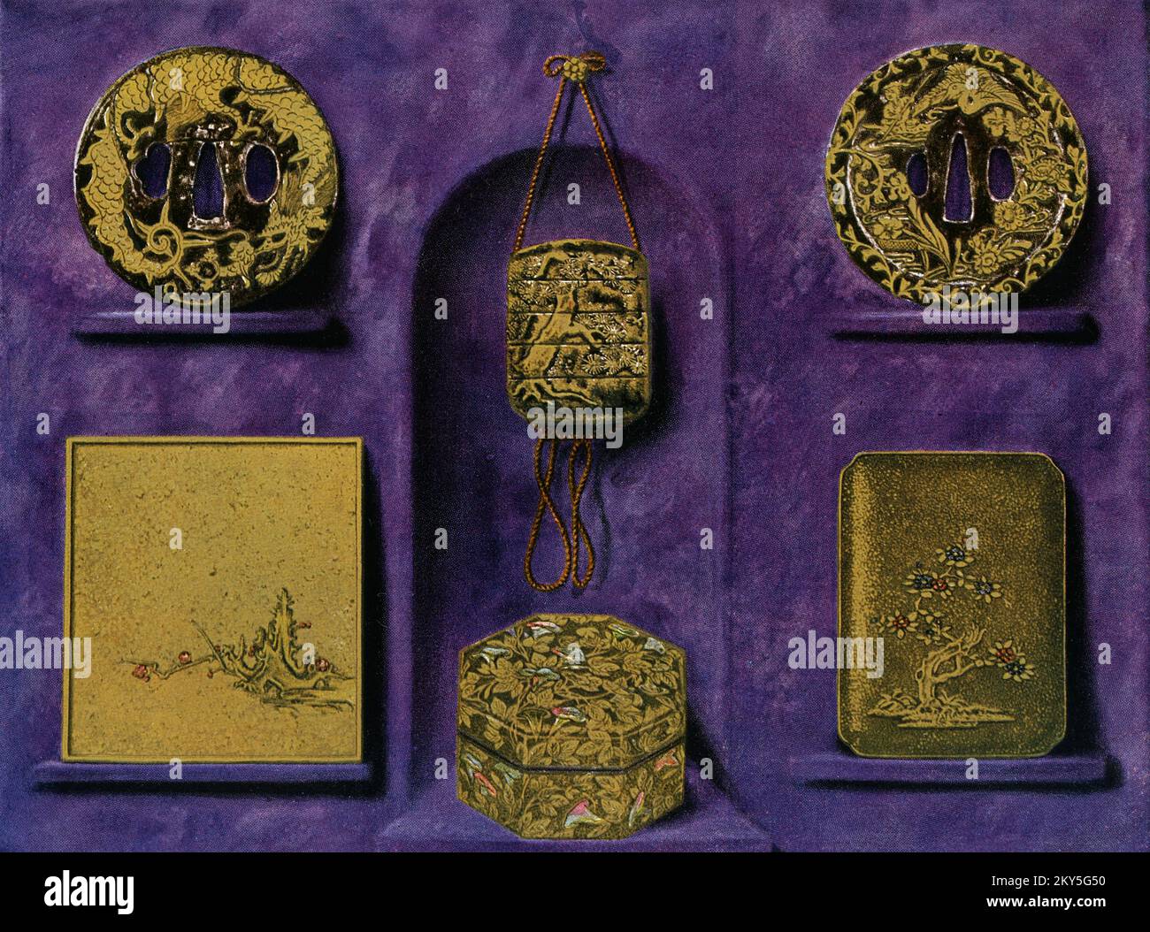 This image shows: “Arts and crafts from the Tokugawa period: Gold lacquer and trade work—bottom row, from left to right: inside of a writing box cover with coral inlay (about 1700)—box with morning glory inlaid with mother-of-pearl (about 1630)— Writing box lid with coral inlay (about 1680). Top Row (middle): medicine box with gold foil top (beginning of 17th century)—Top Row (right and left): box with wrought iron with brass inlay (end of 16th -beginning of 17th century). The Edo period or Tokugawa period is the period between 1603 and 1867 in the history of Japan, when Japan was under the ru Stock Photo