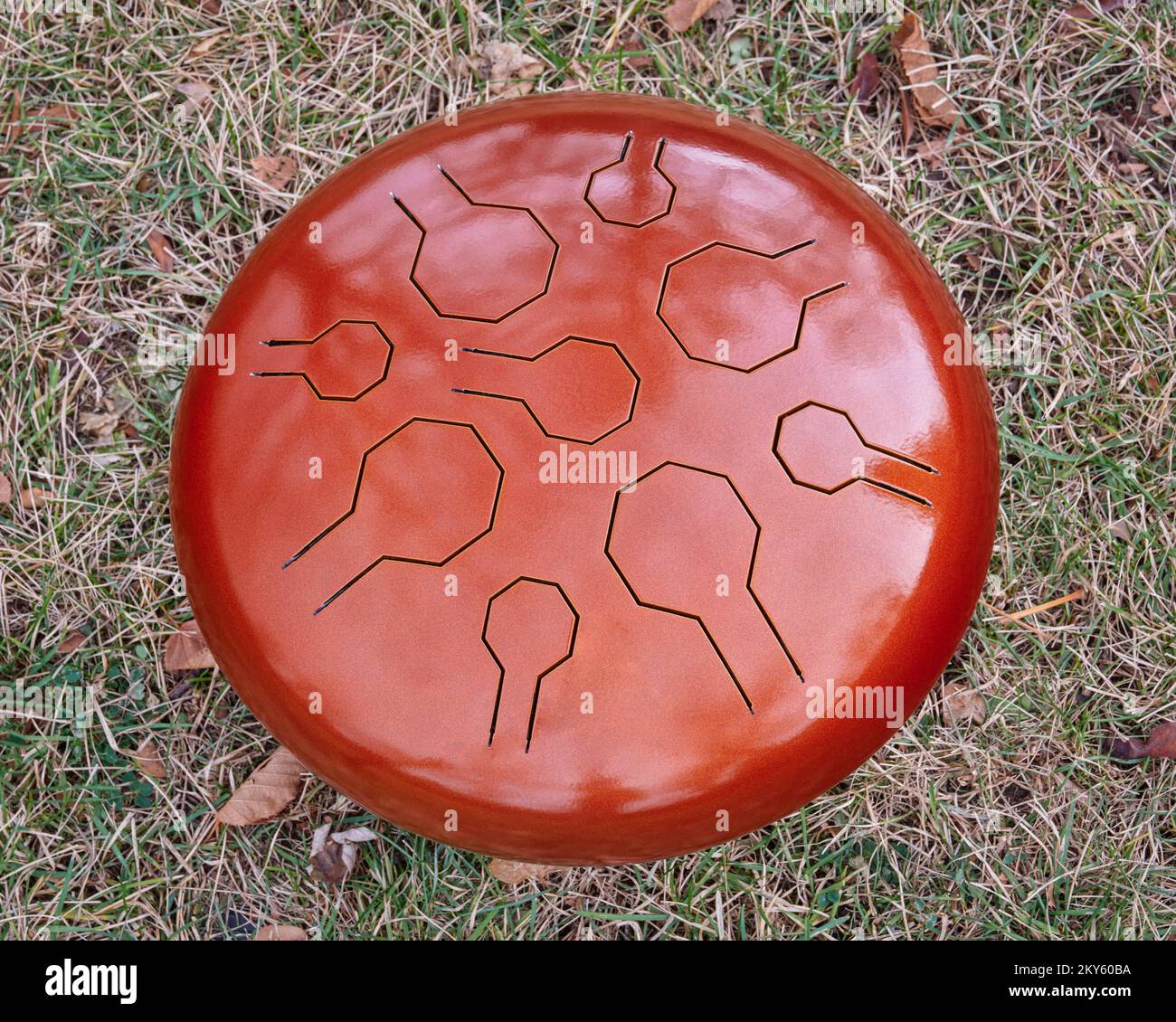 red steel tongue drum, top view in a grass, percussion instrument often