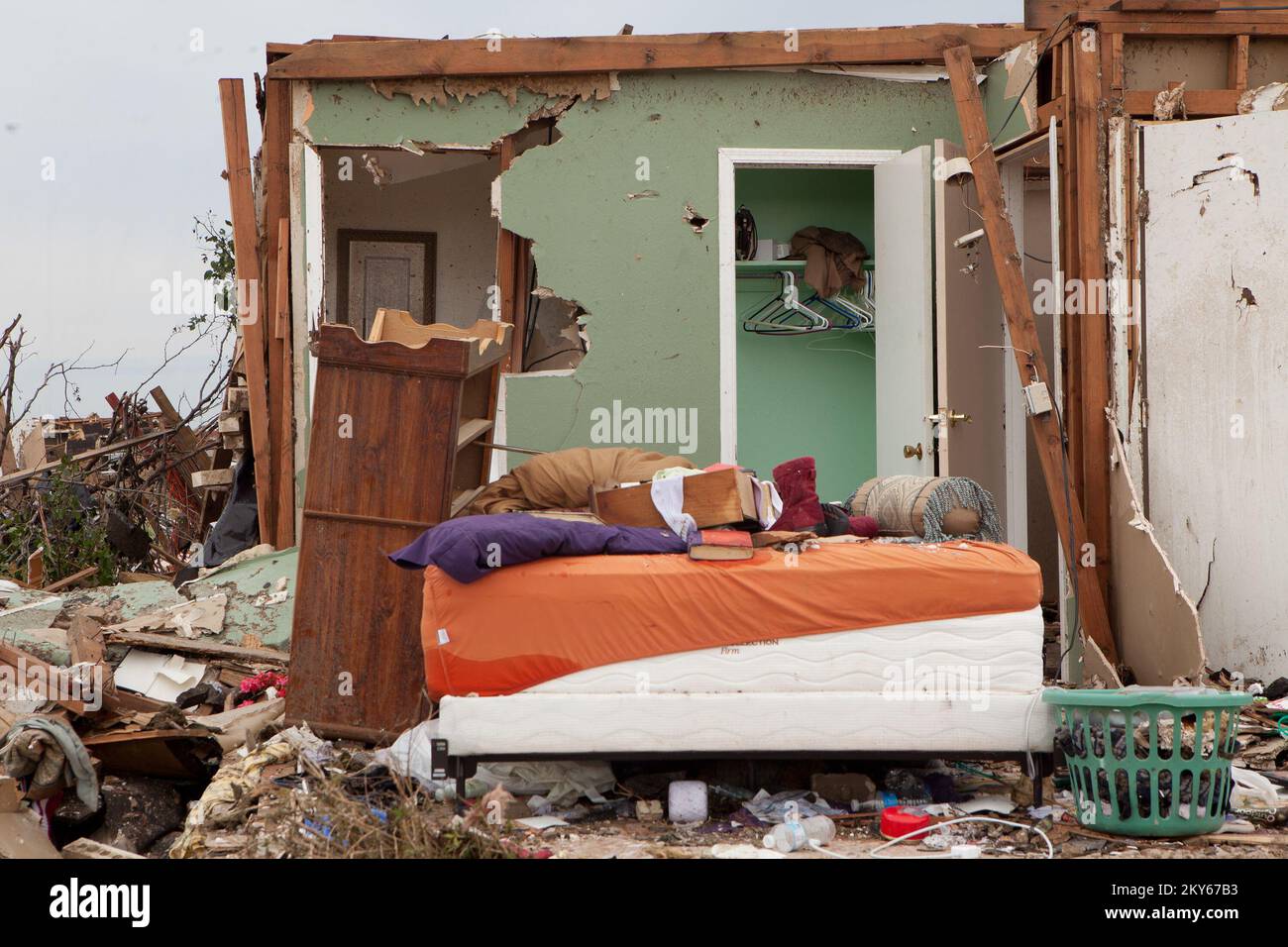 Moore, Okla., May 23, 2013   A destroyed home in Moore, Oklahoma. Moore was struck by an F5 tornado on May 20th. FEMA is working to assist residents impacted by the storm. Andrea Booher/FEMA.. Photographs Relating to Disasters and Emergency Management Programs, Activities, and Officials Stock Photo