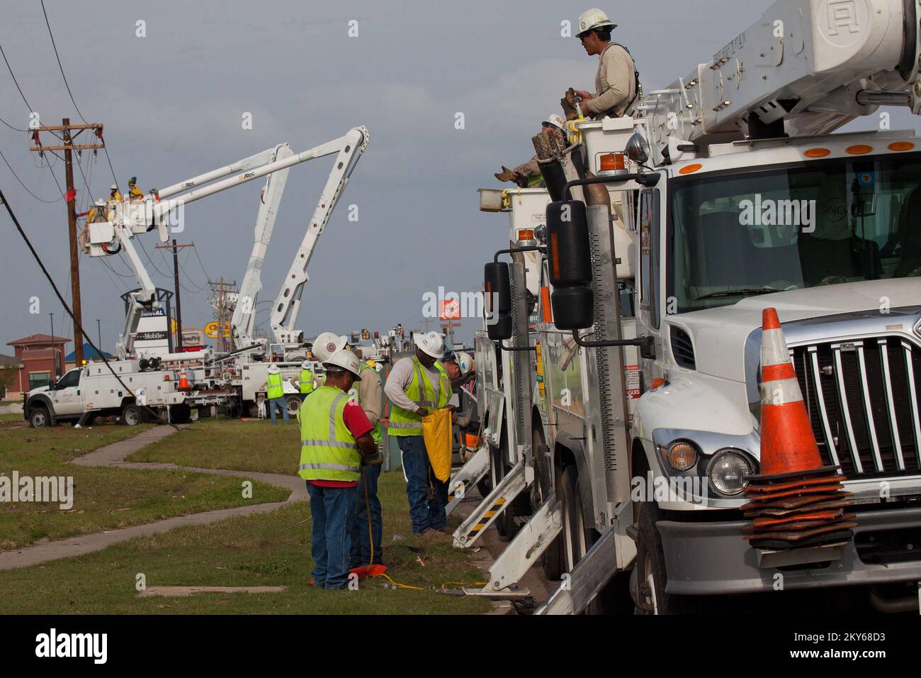Moore, Okla., May 24, 2013   Power companies work to restore electricity in Moore, Oklahoma. The Moore area was struck by a F5 tornado on May 20th. Andrea Booher/FEMA.. Photographs Relating to Disasters and Emergency Management Programs, Activities, and Officials Stock Photo