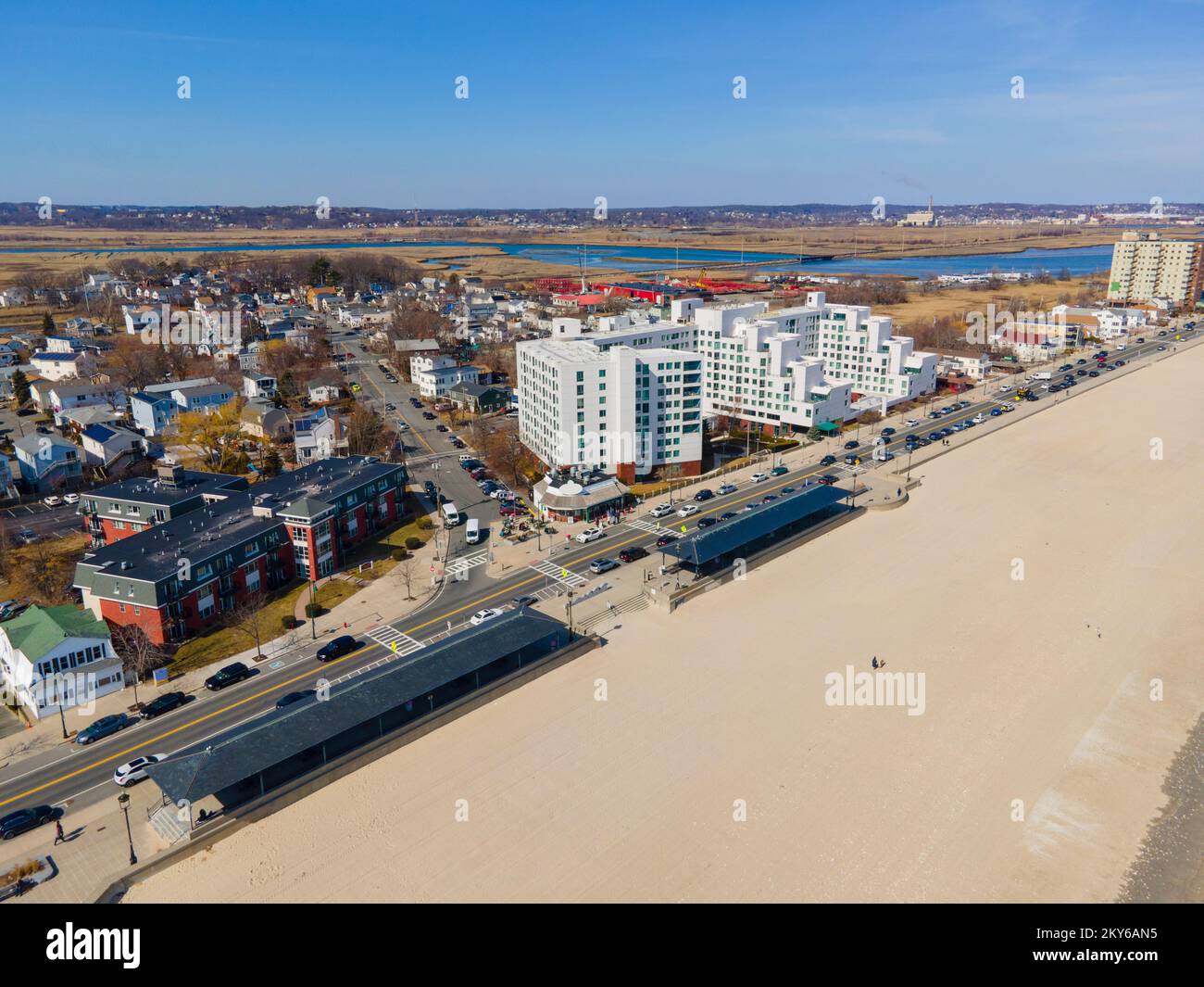 Revere Beach aerial view and historic coastal area in spring in city of