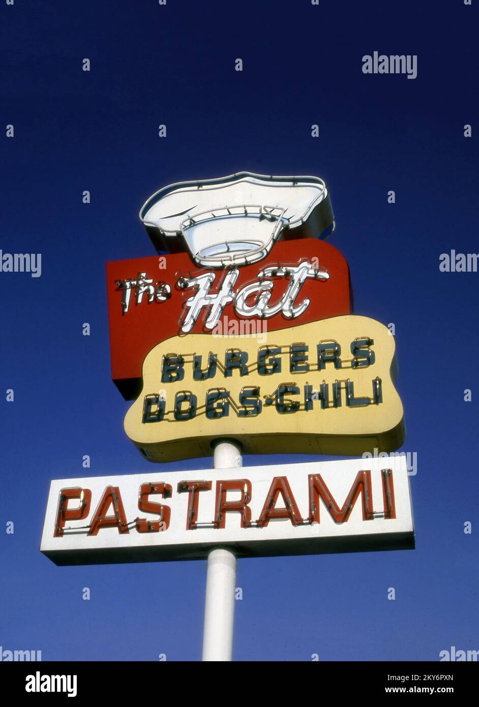 Roadside sign for The Hat, a food stand famous for thier pastrtami sandwiches in Monterey Park, CA Stock Photo