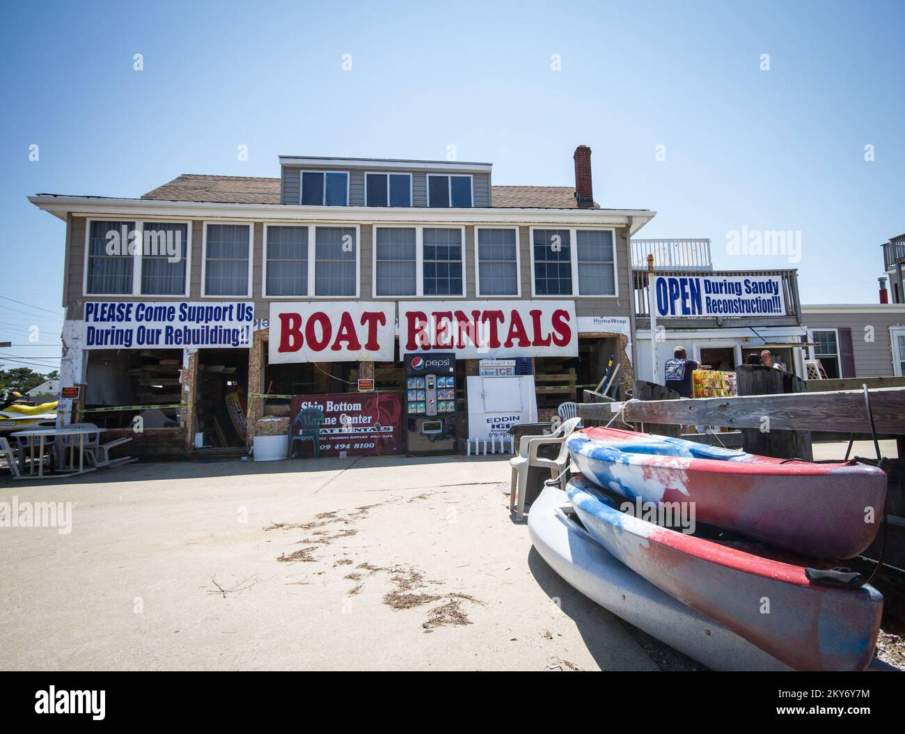 Ship Bottom, N.J., June 20, 2013   Although this boat rental shop in Ship Bottom, N.J., sustained considerable damage from Hurricane Sandy, it's open for business and seeking community support during their rebuilding and recovery efforts after the storm. New Jersey Hurricane Sandy. Photographs Relating to Disasters and Emergency Management Programs, Activities, and Officials Stock Photo