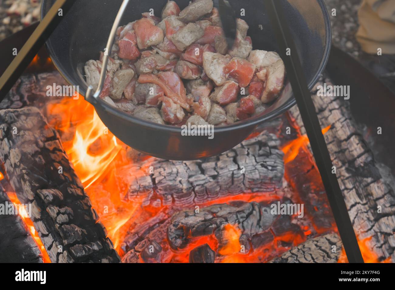 Meat pieces in a cauldron on burning coals background.food on the fire