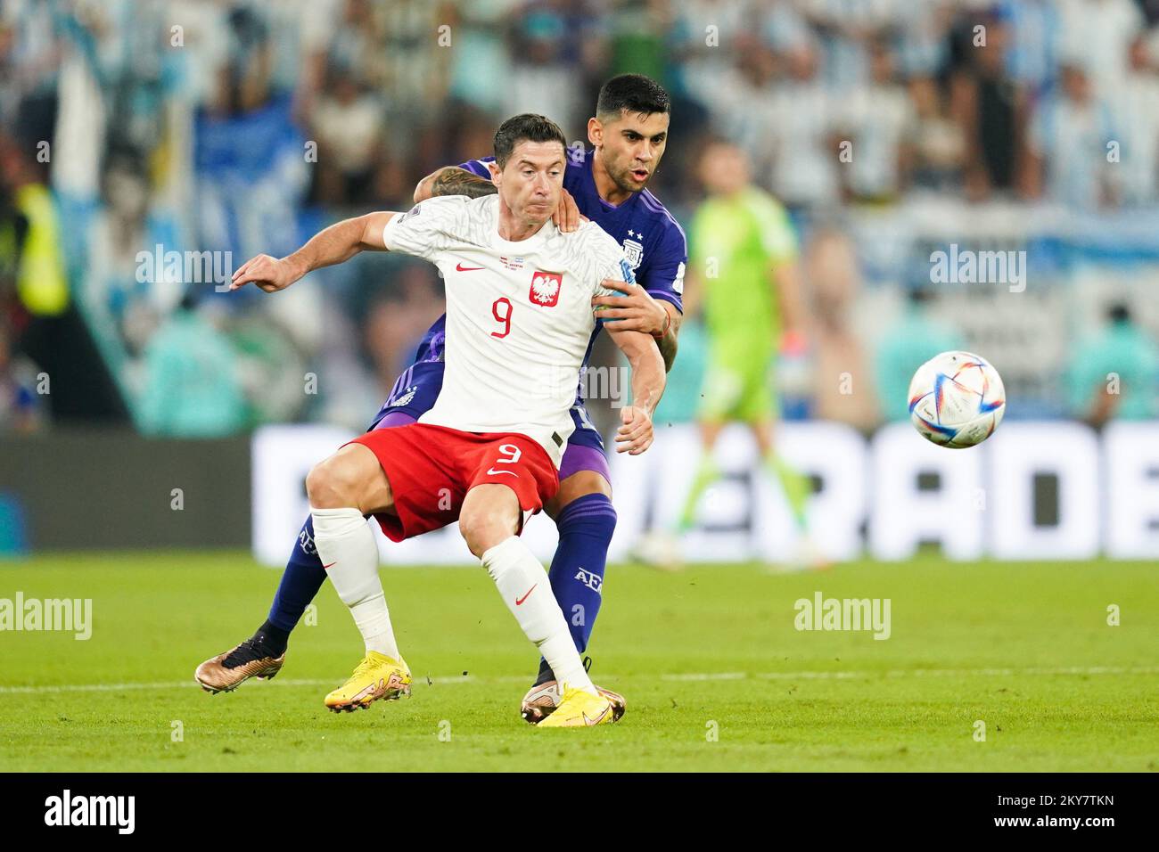 DOHA, QATAR - NOVEMBER 30: Player of Argentina Cristian Romero fights for the ball with player of Poland Robert Lewandowski during the FIFA World Cup Qatar 2022 group C match between Argentina and Poland at Stadium 974 on November 30, 2022 in Doha, Qatar. (Photo by Florencia Tan Jun/PxImages) Credit: Px Images/Alamy Live News Stock Photo