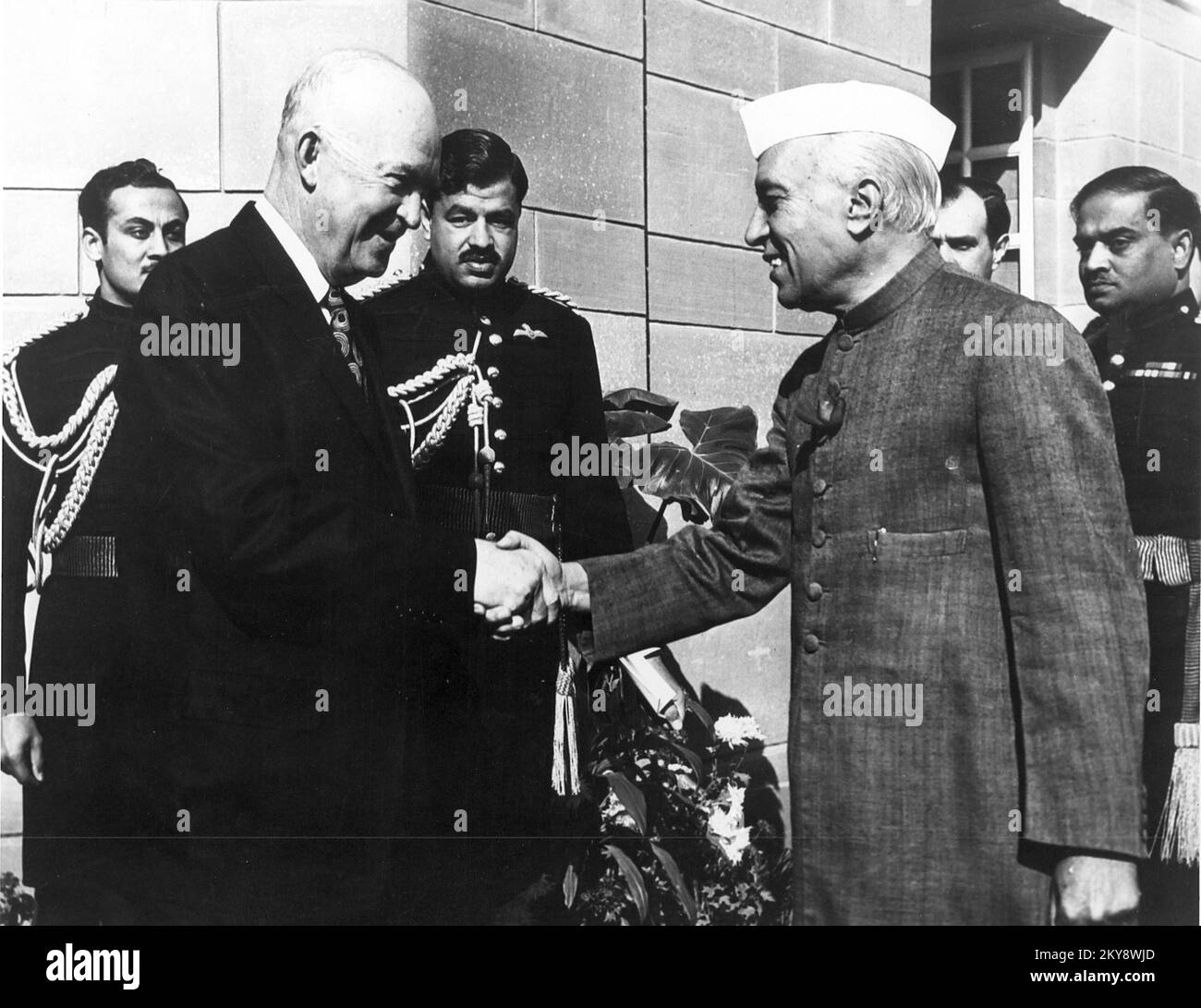 US President Dwight Eisenhower with Indian Prime Minister Jawaharlal Nehru at the Inidan Parliament House Stock Photo