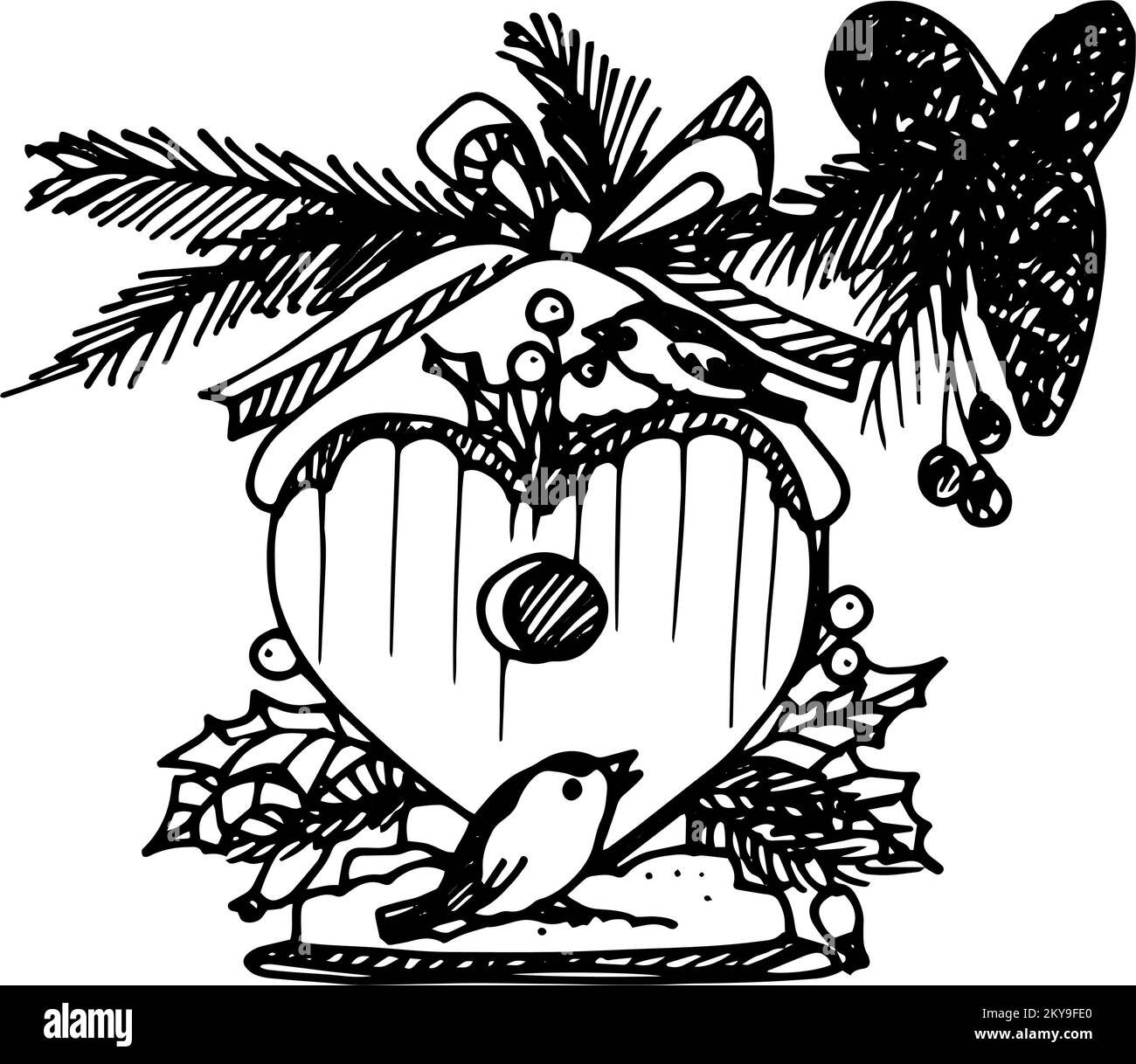 Hand Drawing Artistic Christmas Doodle Icon. Birdfeeder. New Year Vintage Design for Christmas Card or Invitation on White Stock Vector
