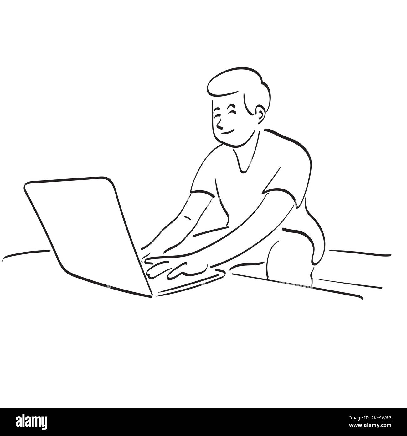 man working on laptop computer on table in his house illustration vector hand drawn isolated on white background line art. Stock Vector