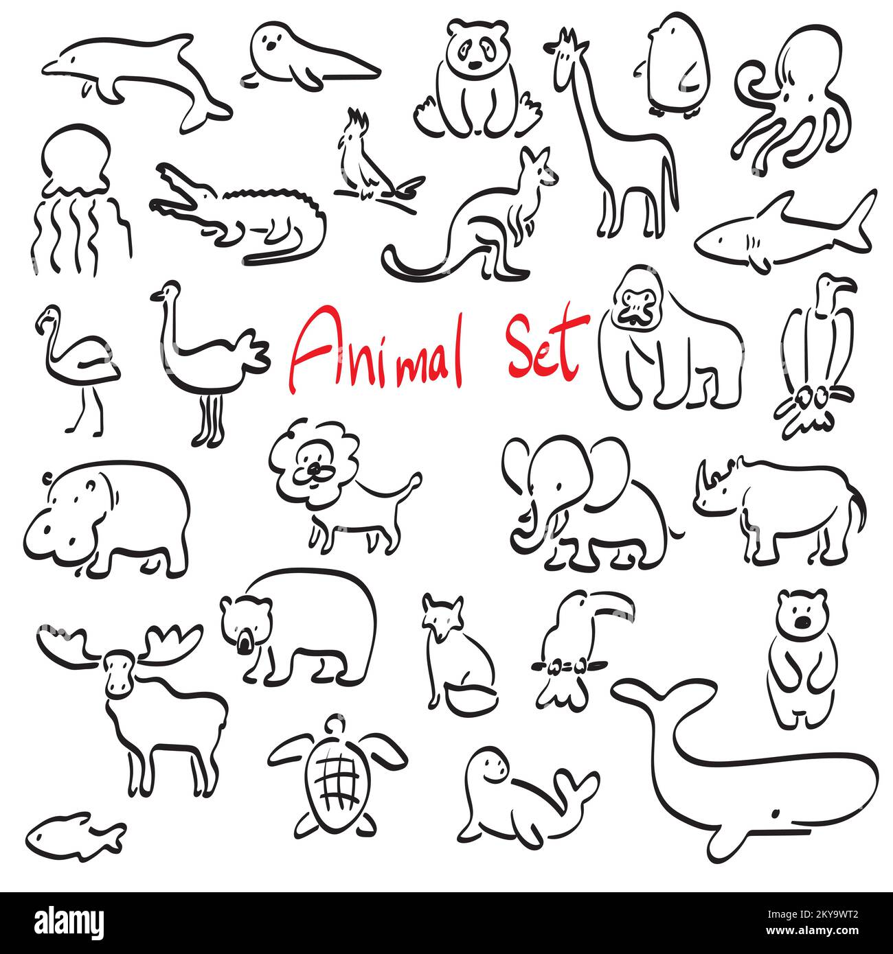 animal set illustration vector hand drawn isolated on white background line art. Stock Vector