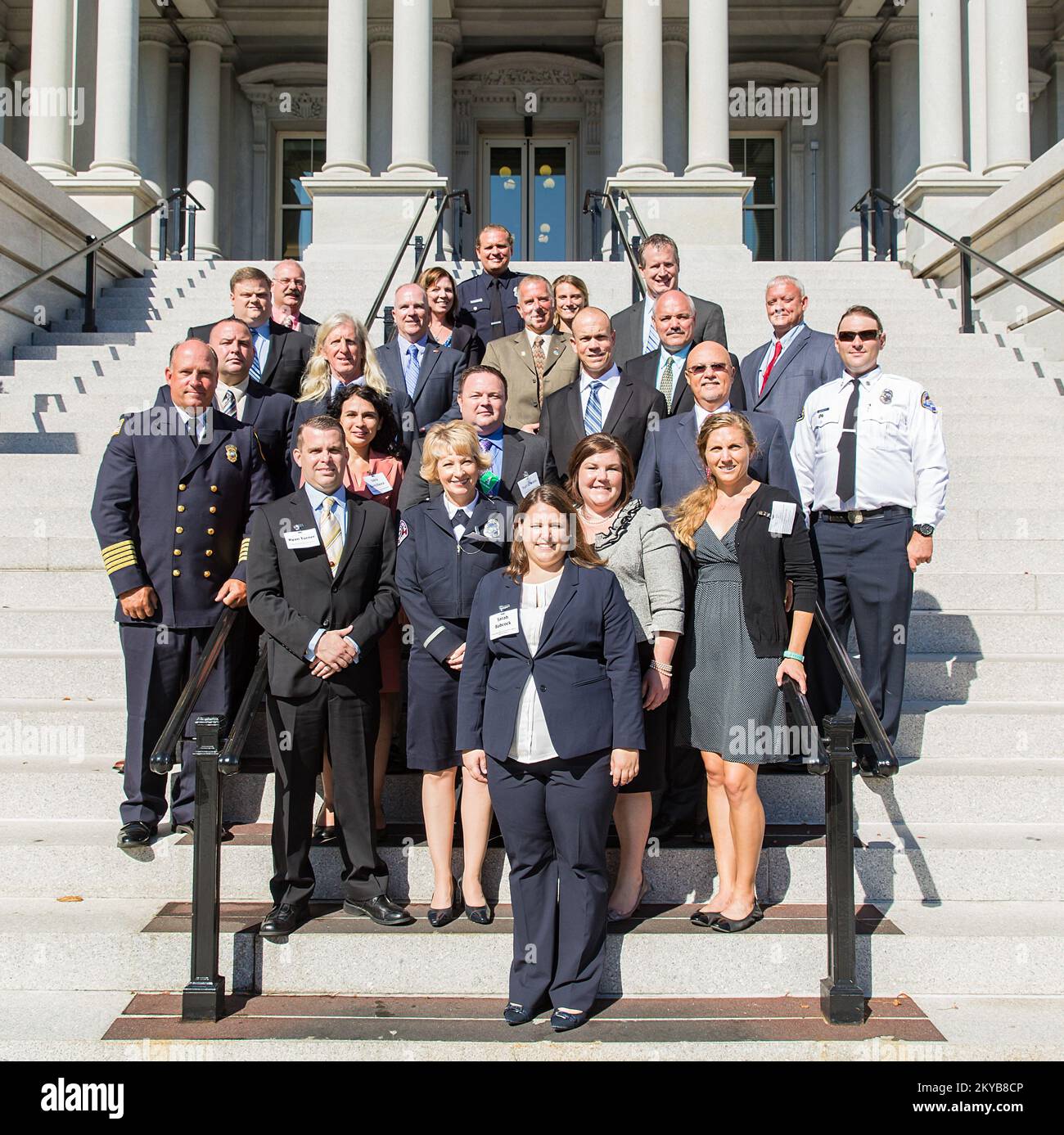 Photo of the 2015 Individual and Community Preparedness Award winners (Sarah Babcock, Brian Blake, Douglas Bryson, Douglas Eades, Brenda Emrick, Iskra Gencheva, Yuri Graves, Amalio Jusino, Betsy Miller, Brooke Mills, Frank Southern, Ryan Turner, Bill Whalen, Craig Wolfe) and their guests.. Photographs Relating to Disasters and Emergency Management Programs, Activities, and Officials Stock Photo