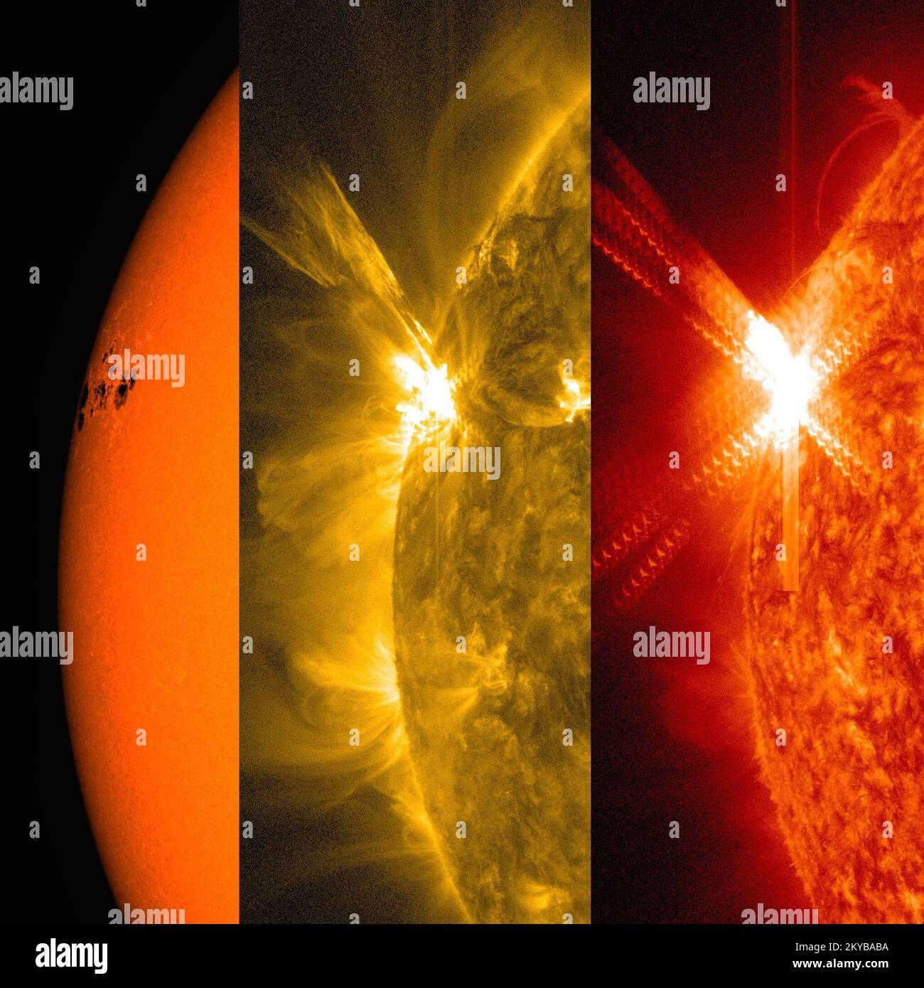 This is an image of a solar flare captured by NASA's Solar Dynamics Observatory. It shows a solar flare in three wavelengths of light: visible, 171 angstroms, and 304 angstroms (an angstrom is roughly the diameter of an atom and it's the measurement we use to define the size of light waves). Each wavelength shows a different temperature of material. Image courtesy of NASA... Photographs Relating to Disasters and Emergency Management Programs, Activities, and Officials Stock Photo