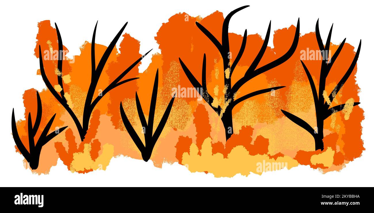 Hand drawn illustration of forest fire with black trees wood woodland in blazing orange red fire burning. Dangerous landscape emergency environmental catastrophe bush fire flame, nature disaster Stock Photo