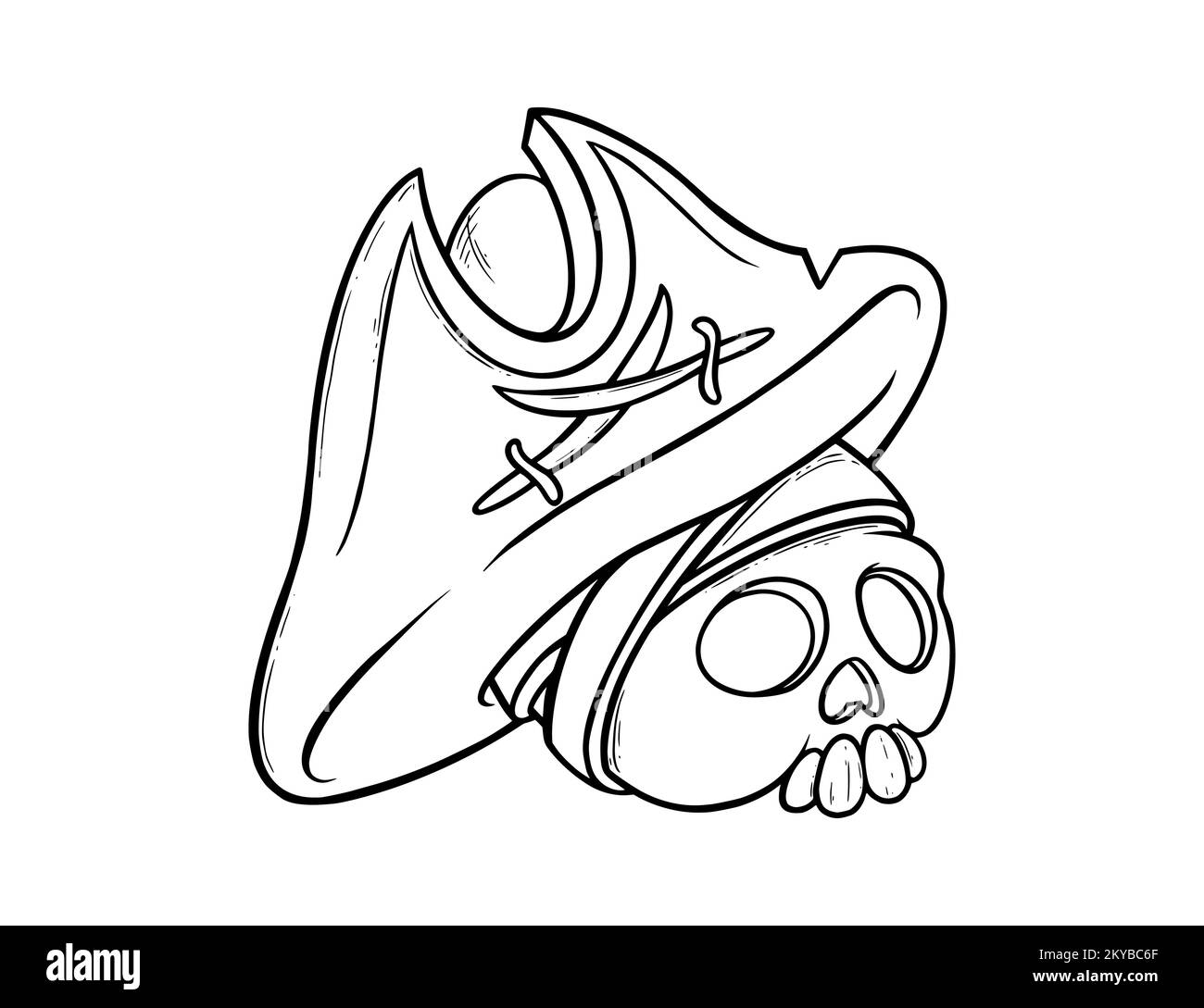 Pirate hat sketch on a skull. Corsair skull in tricorn hat with pirate symbol of crossed swords. Vector illustration isolated in white background Stock Vector