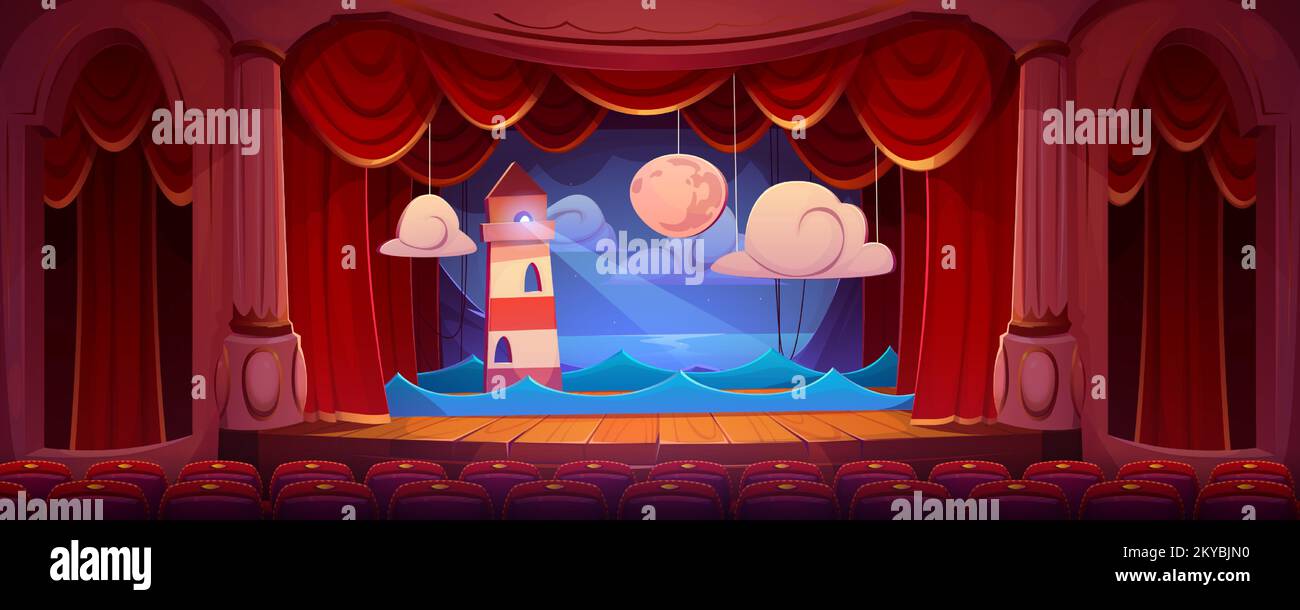 Vintage theater interior with stage, auditorium seats, red curtains, columns and decoration of night landscape with sea, lighthouse and moon on backdrop, vector cartoon illustration Stock Vector
