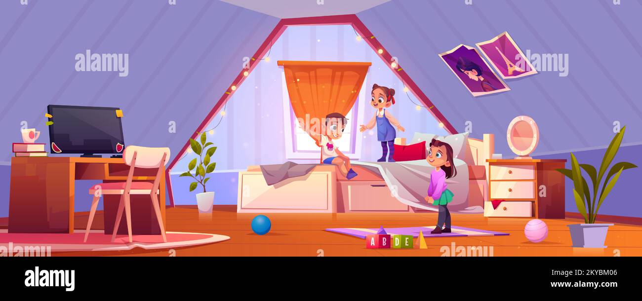 Kids playing in attic room, children in home interior with pc on desk, bed, toys on floor, nightstand with mirror. Brother with sisters or friends indoor game activities, Cartoon vector illustration Stock Vector