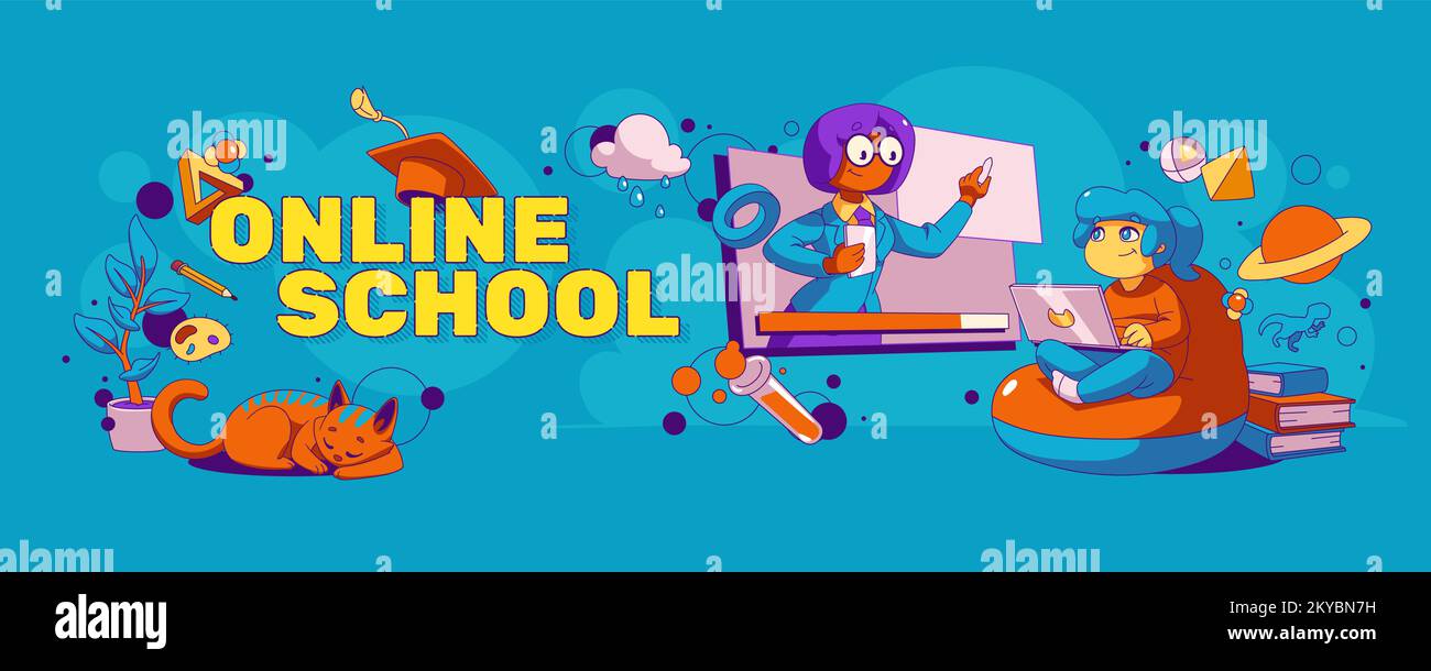 Online school banner with girl student and teacher on computer screen. Distance training, e-learning concept with kid with laptop at home and woman teacher, vector illustration Stock Vector