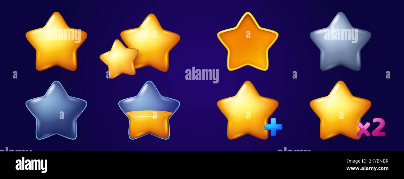 Gold stars icons for game ui interface. Symbols of award, achievement, rating, bonus with glossy buttons of yellow, silver and clear stars, vector cartoon set Stock Vector