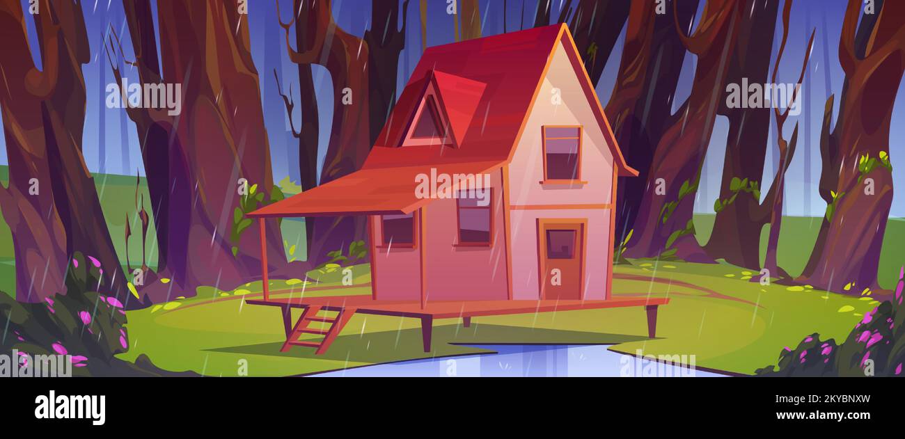 Wooden stilt house at summer forest in rainy weather. Old shack on piles with terrace on green wood field under rain shower and trees around. Uninhabited forester hut, Cartoon vector illustration Stock Vector